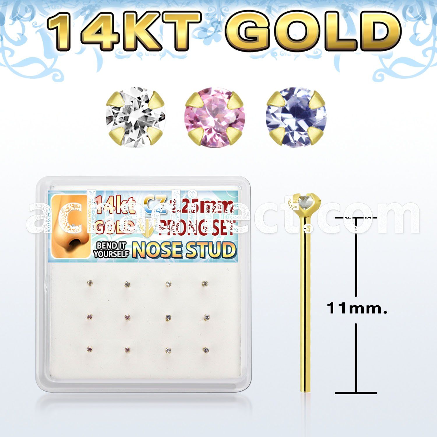 dgys23 box w 14kt gold nose bend it nose stud w 1.2mm round cz 