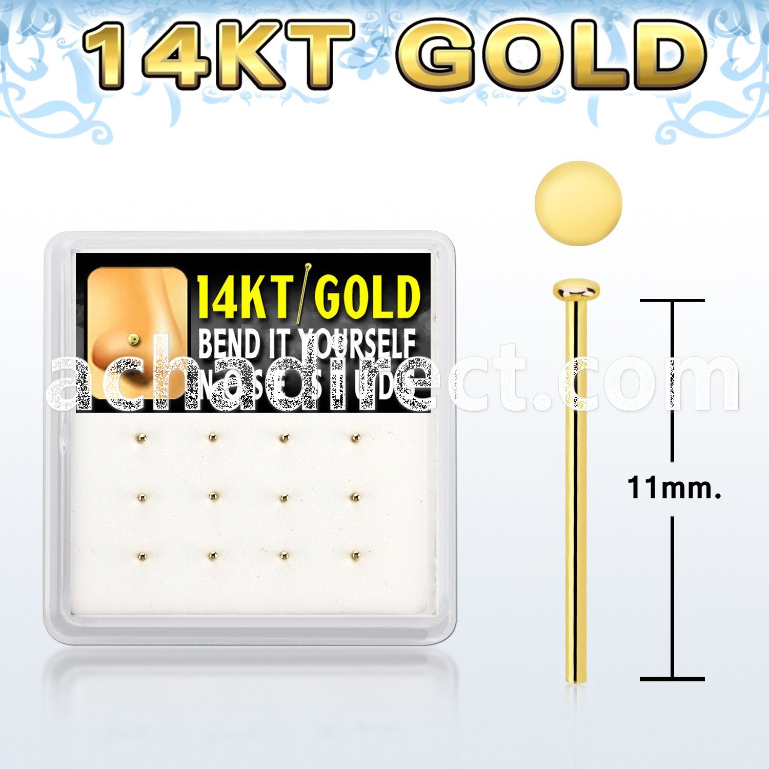 dgys24 box w 14kt gold bend it nose stud 22g w round flat top