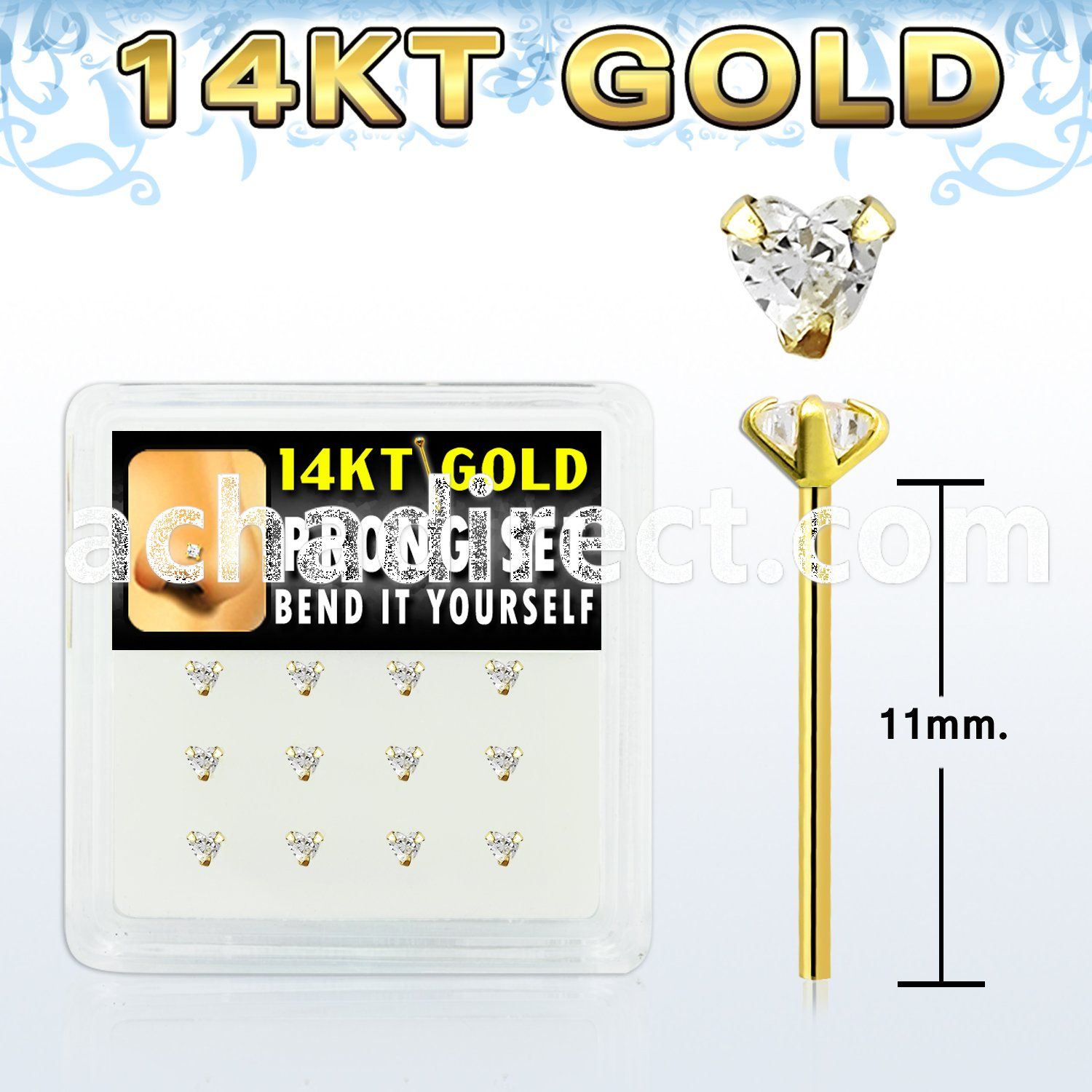 dgys3 box w 14kt gold bend it nose studs w 3mm heart cz 