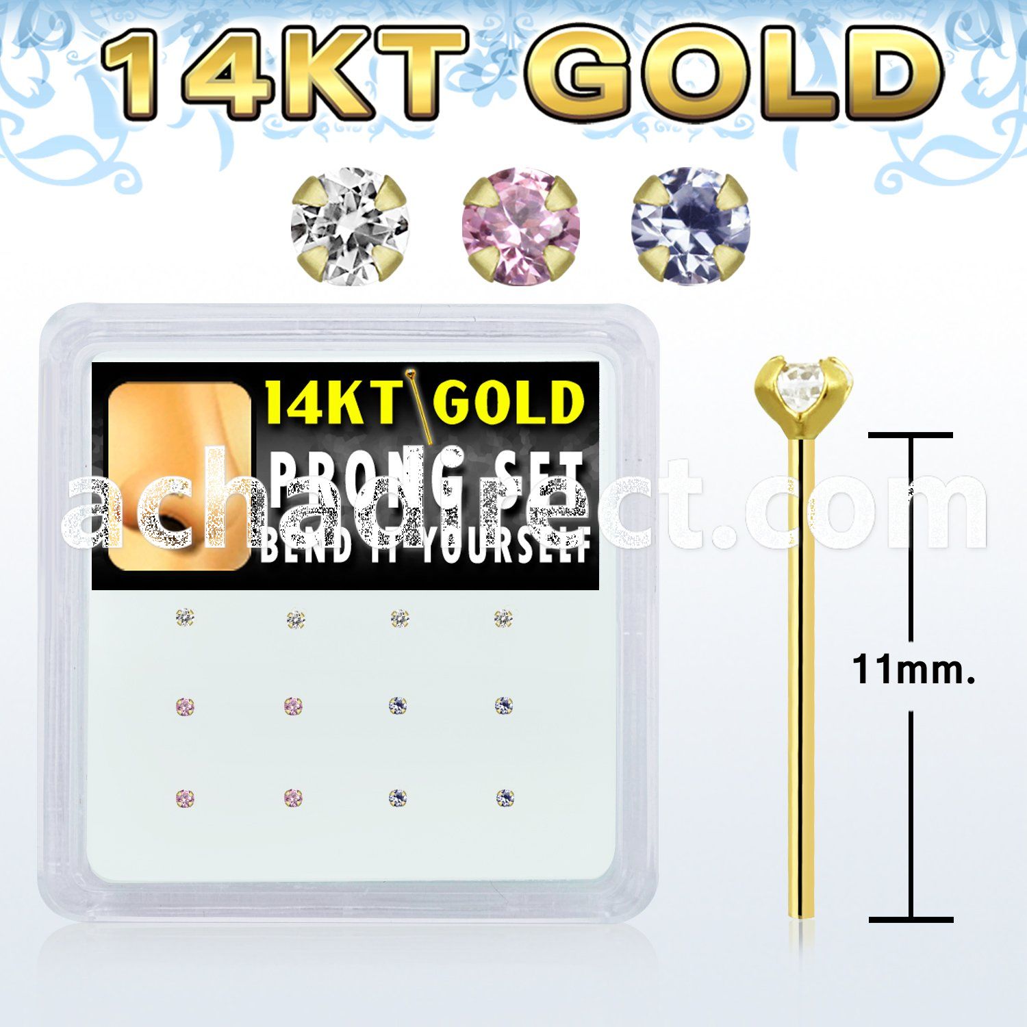 dgys4 box w 14kt gold bend it nose studs w prong set 1.5mm cz 