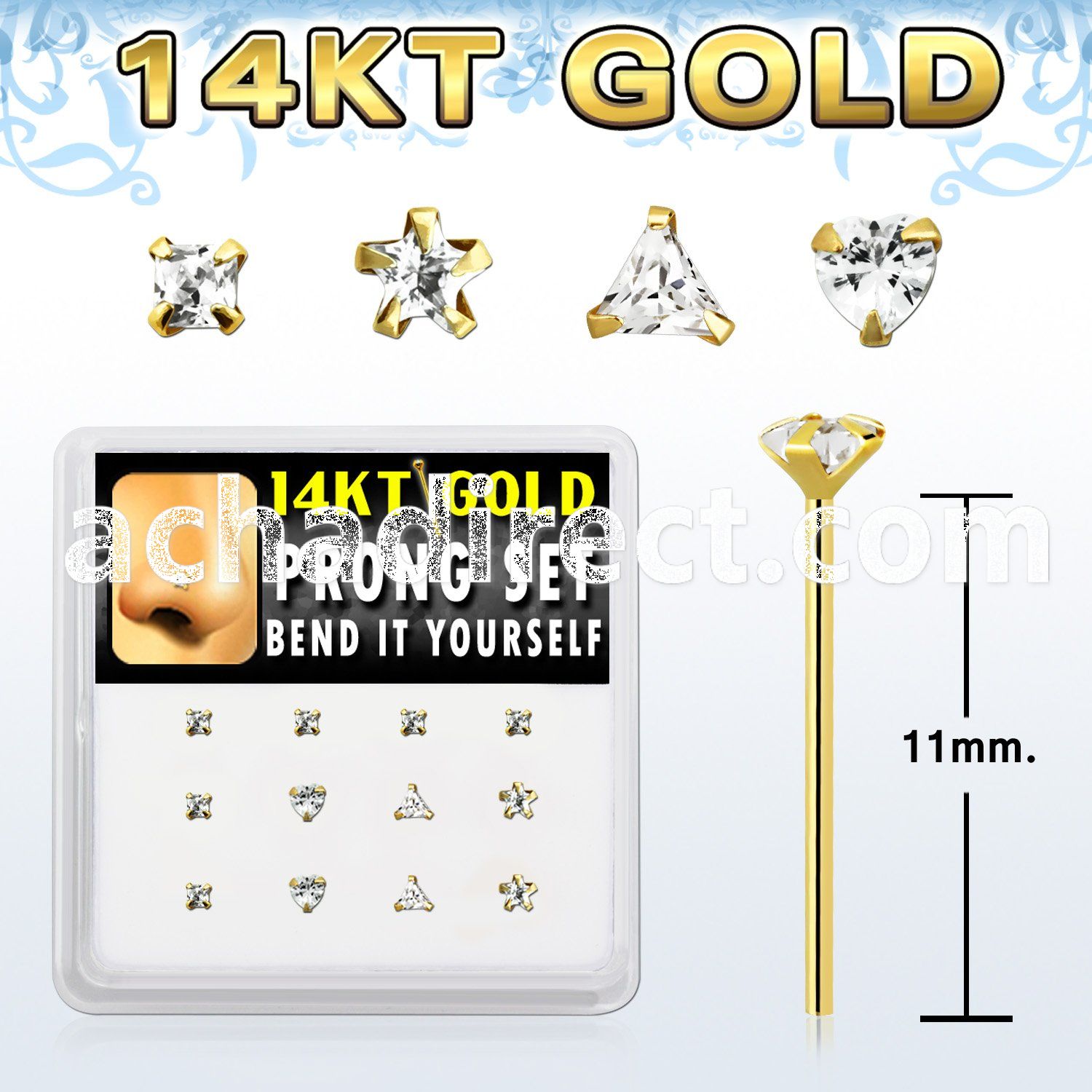 dgys6 box w 14kt gold nose bend it nose studs cz in mix shape