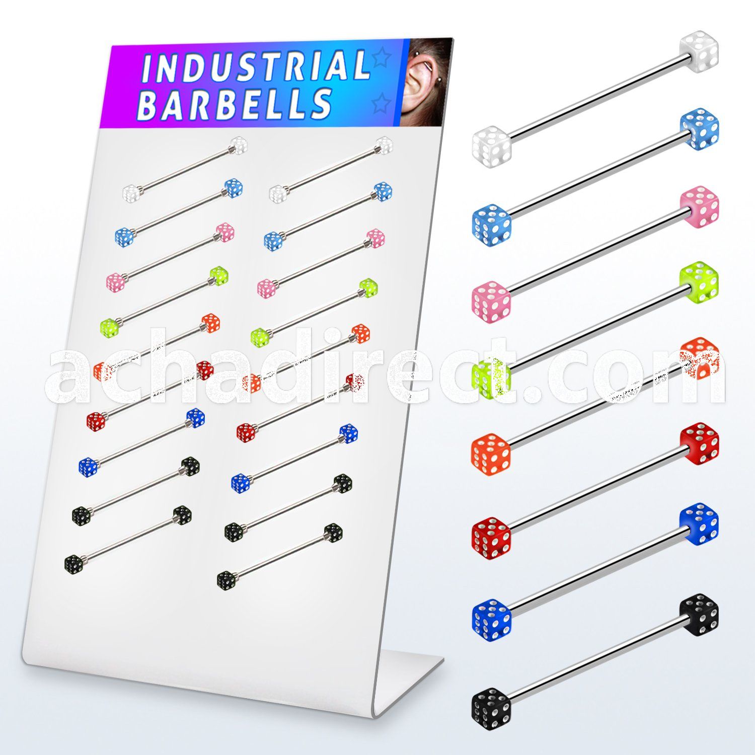dind13 316l steel industrial barbell with 4mm acrylic uv dice