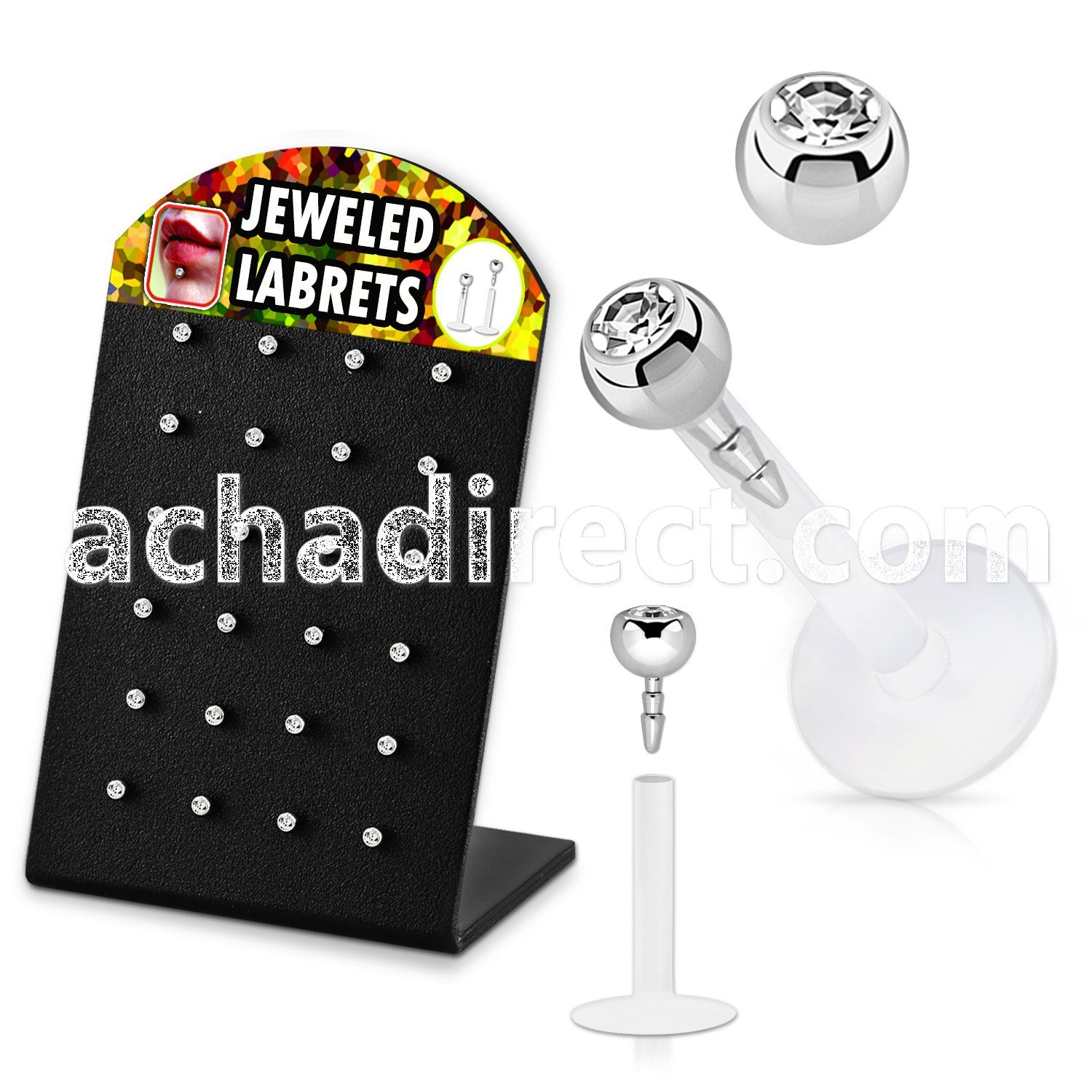 display w 24 bio flex labrets w 3mm clear jewel ball top 