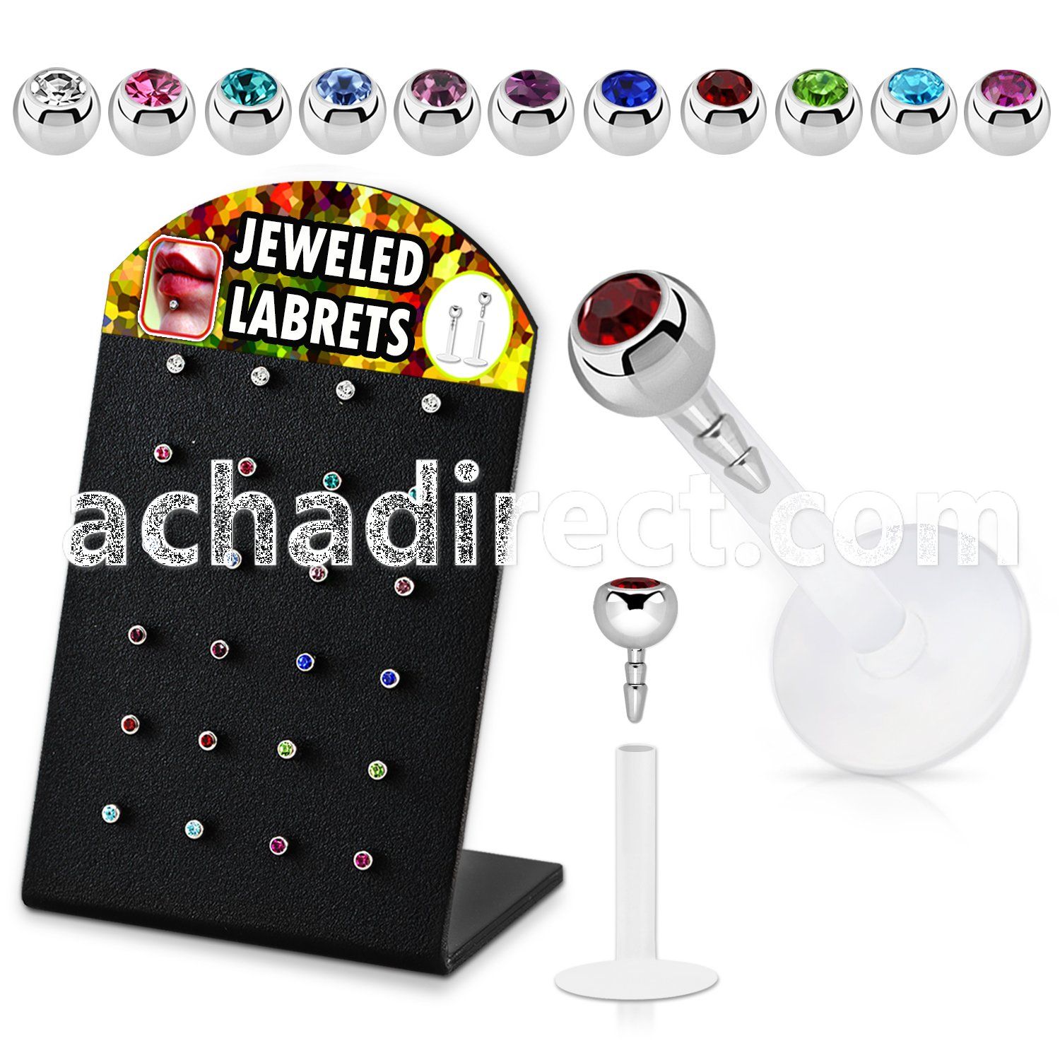 display w 24 bio flex labrets w 3mm jewel ball tops