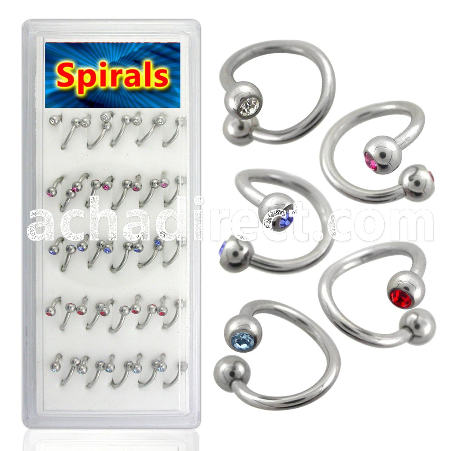 djspe3 316l steel eyebrow spiral with 3mm bezel set jewel ball