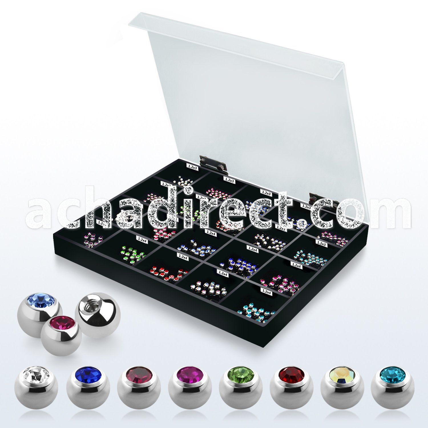 dmbj5 display of 3 4mm bezel set jewel ball with threading
