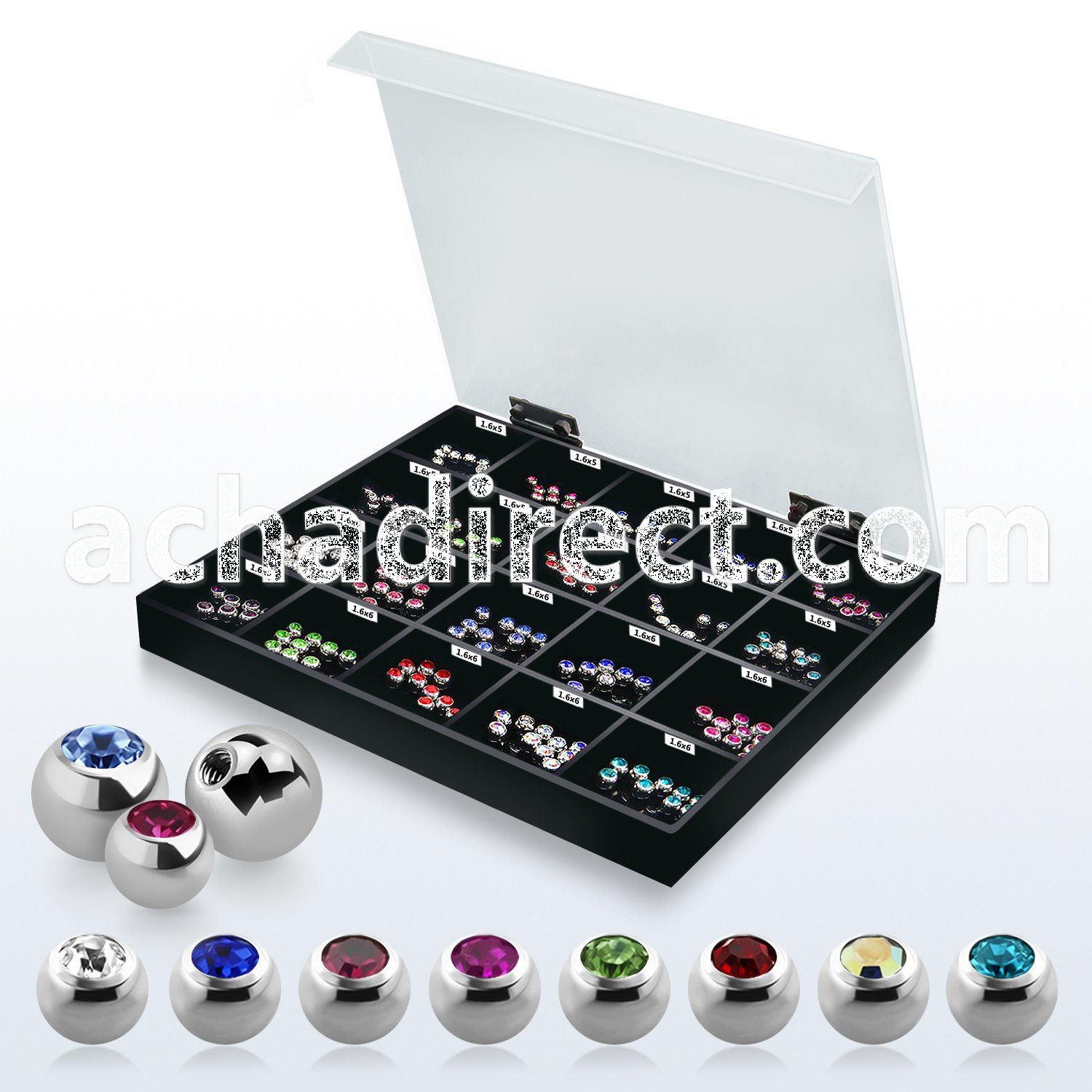 dmbj6 display of 5 6mm bezel set jewel ball with threading