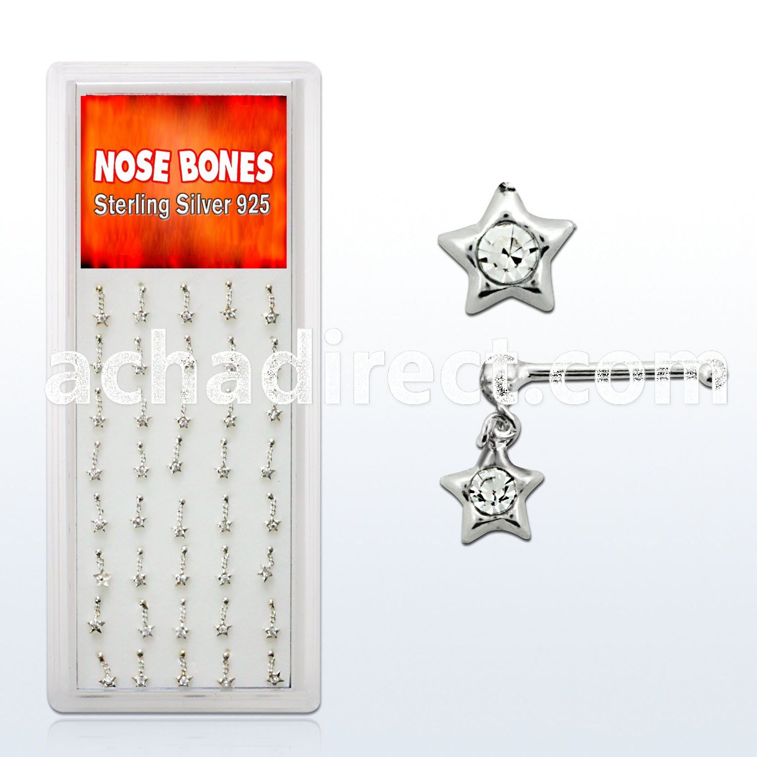 dnbdc2 box of silver nose bones with a dangling star w crystal