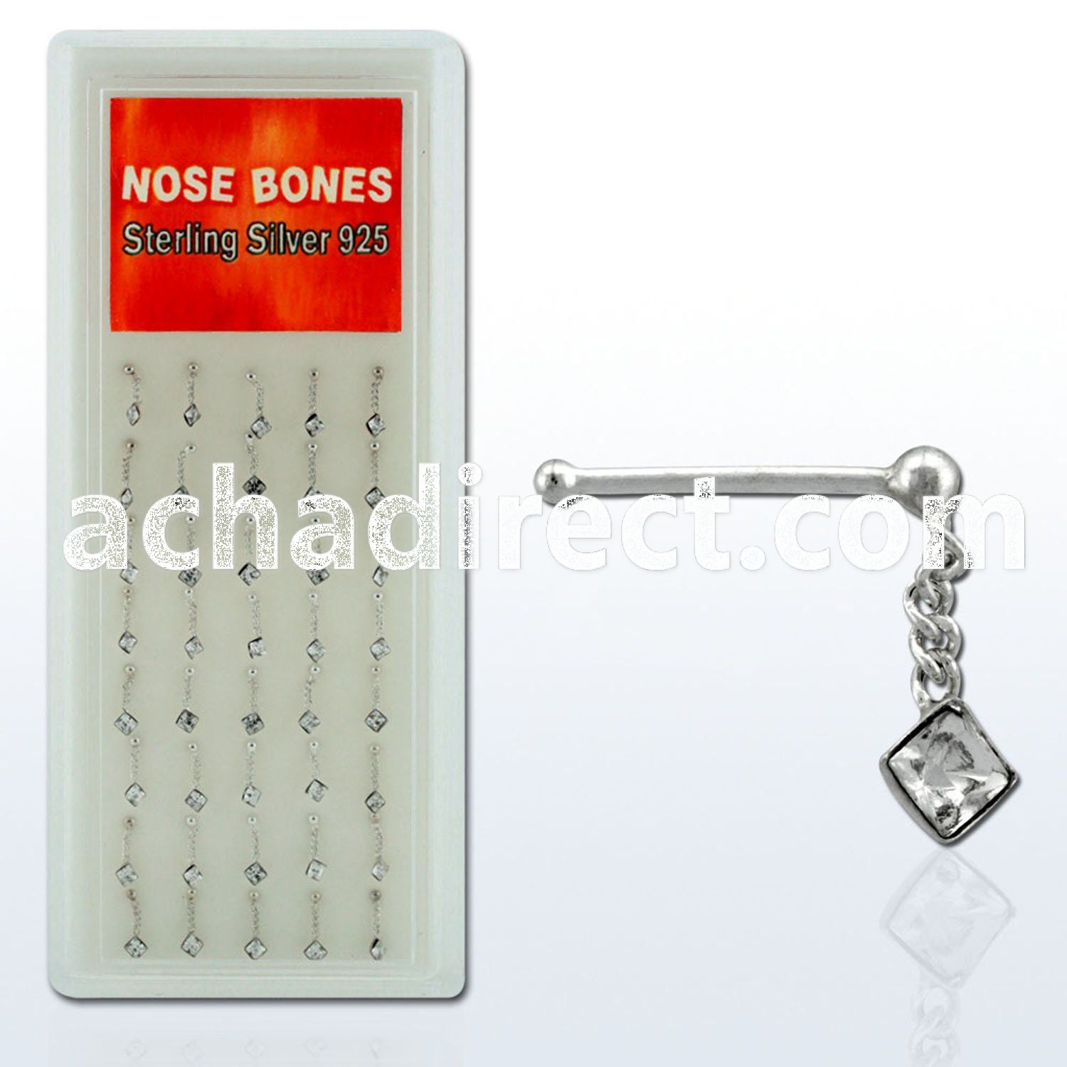 dnbdc3 box of silver nose bones with a dangling square crystal