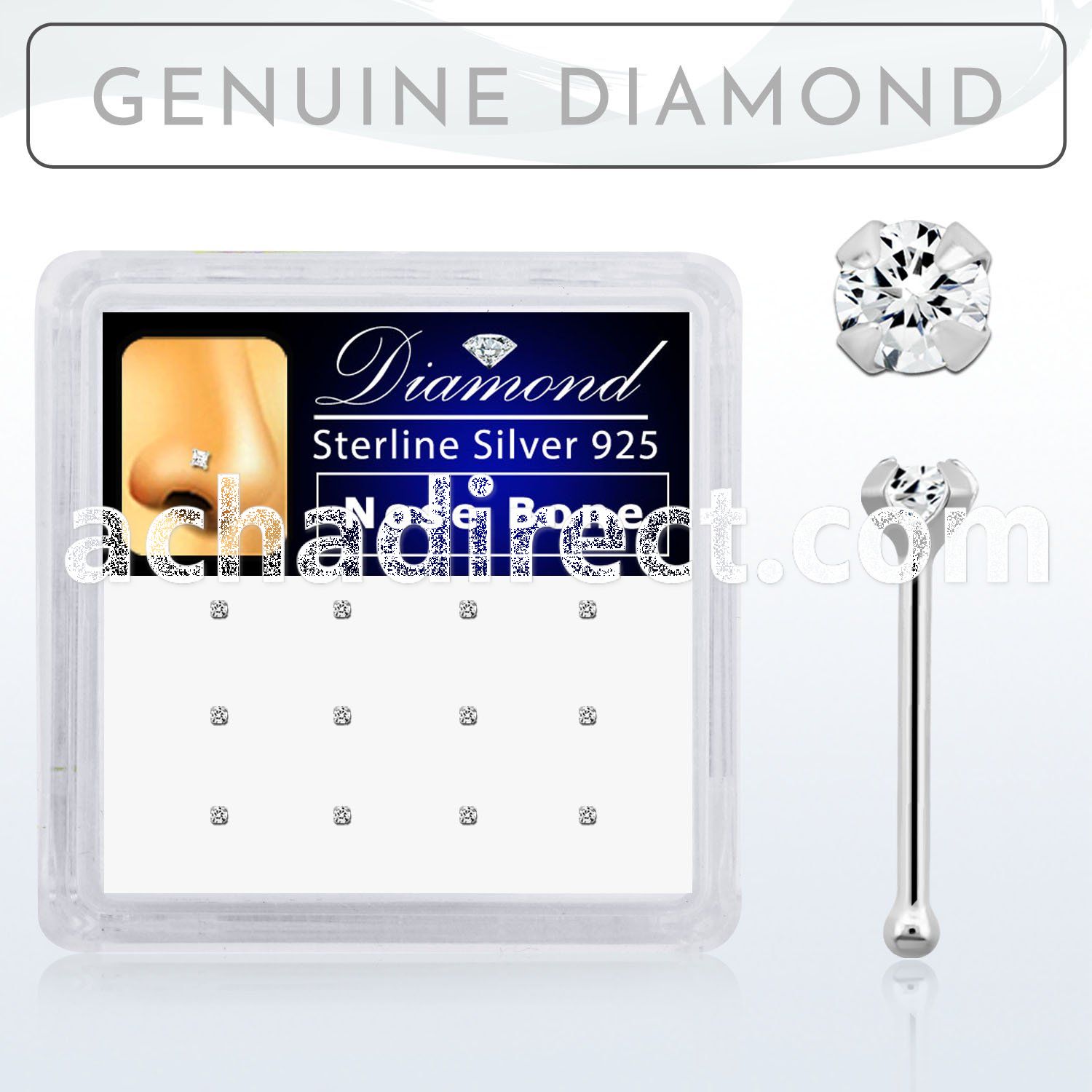 dnbpd box of silver nose bones with clear prong set diamond