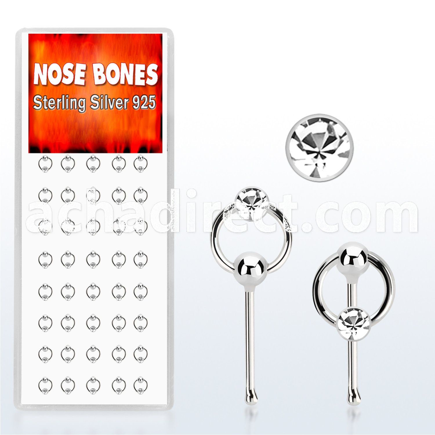 dnbrc1 box of silver nose bones w clear crystal on slave hoop