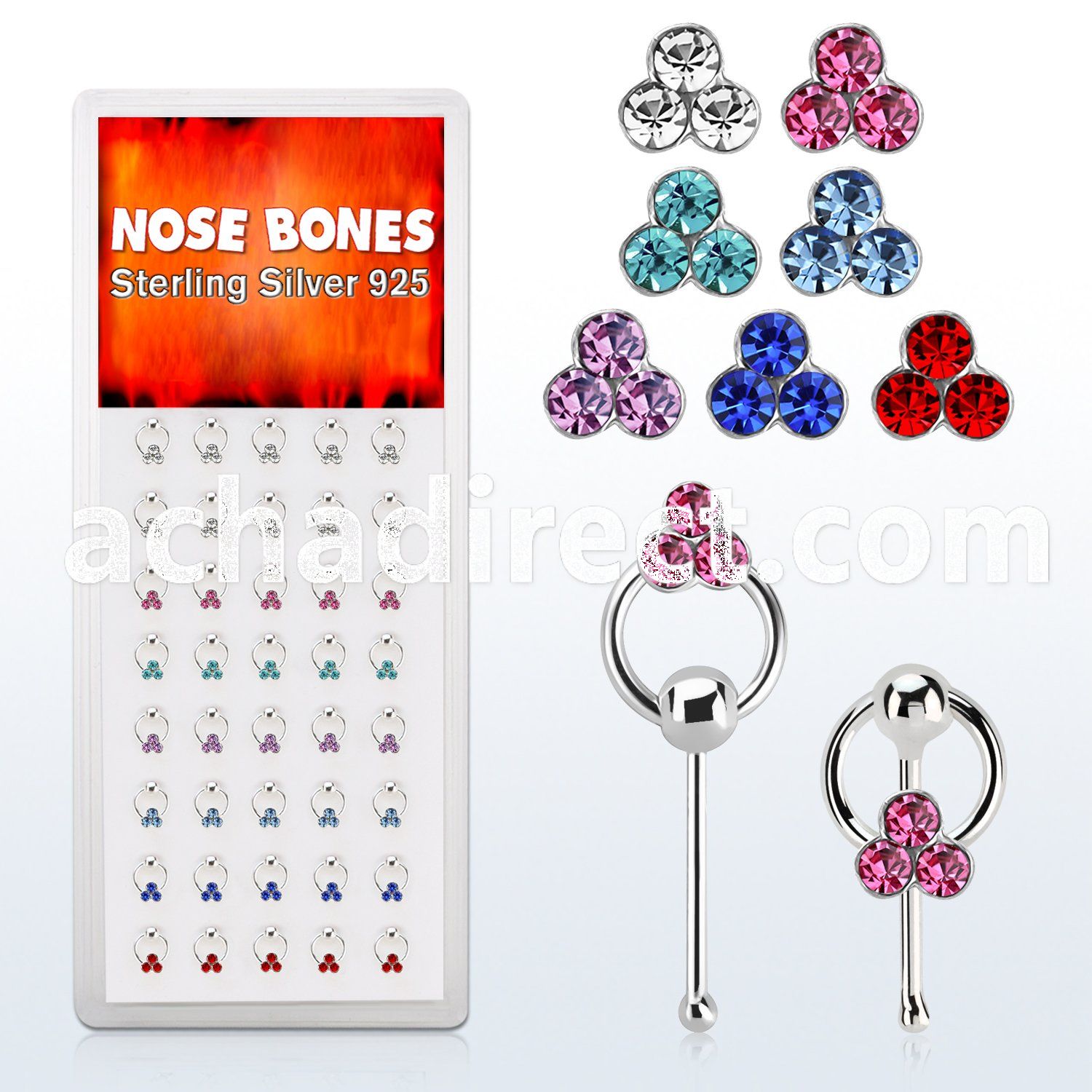 dnbrm4 silver nose bones with triple crystals on slave hoop