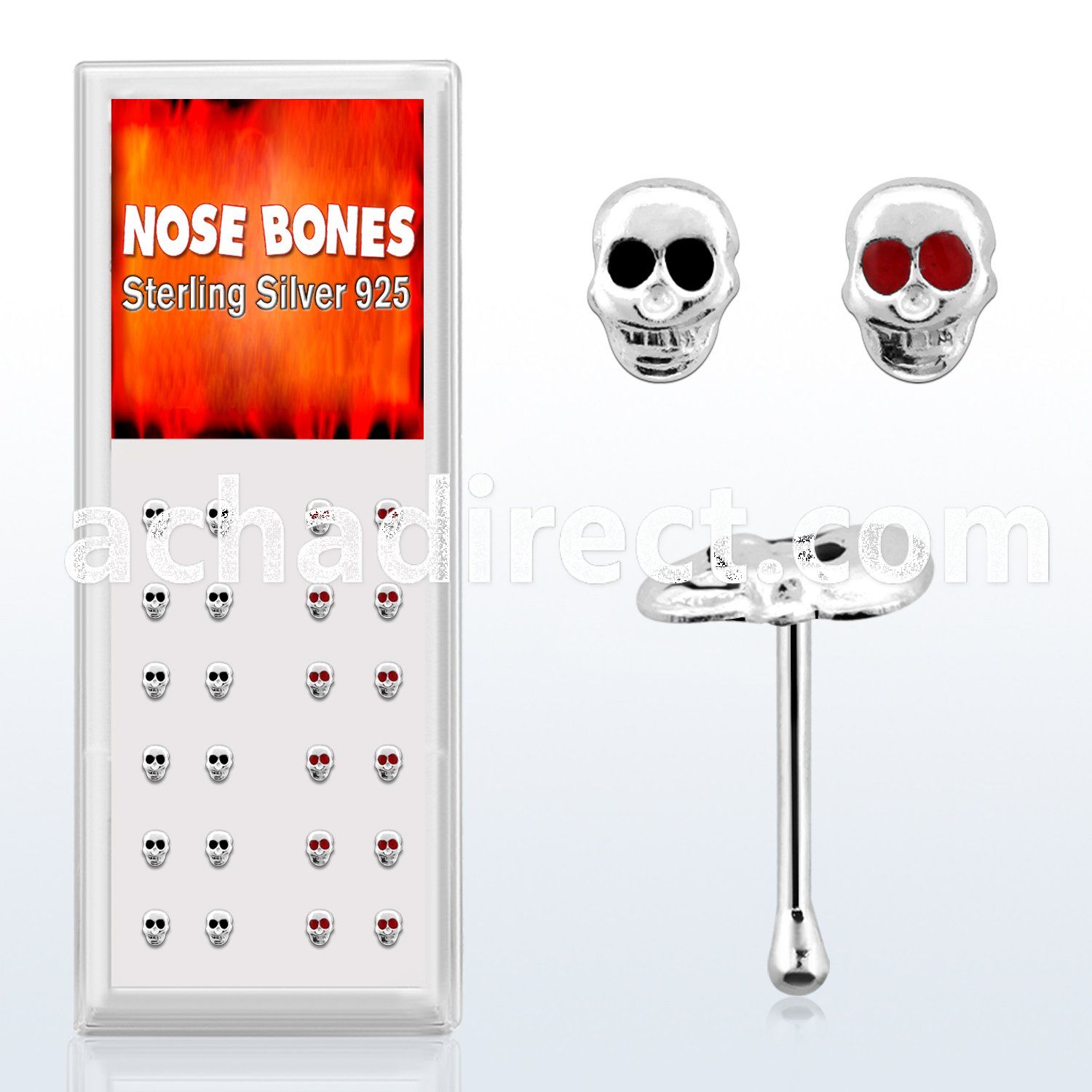dnbskm box of silver nose bones with skull top with resin eyes