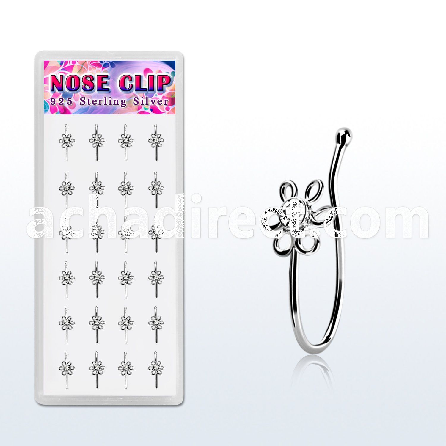 dncl3c box w silver fake nose clips wire flower w color crystal