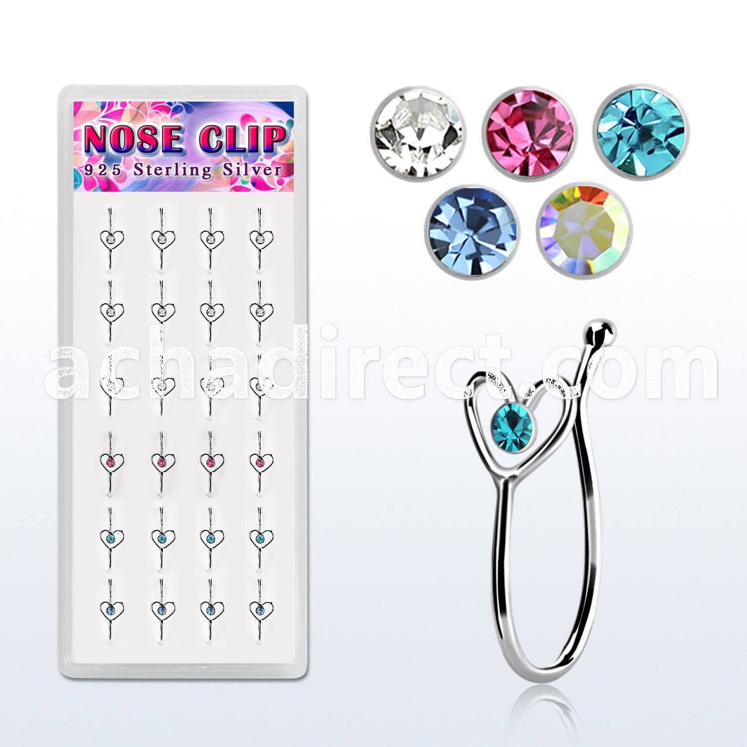 dncl4 box w 24 silver fake nose clips w heart w crystal