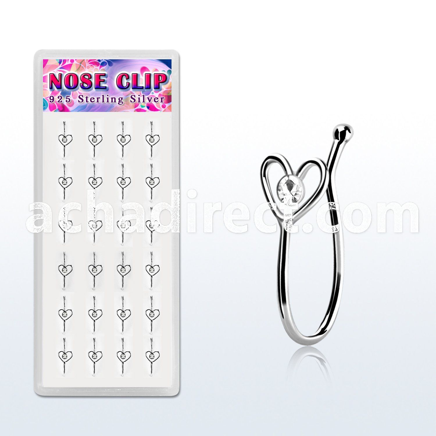 dncl4c box w 24 silver fake nose clips w heart w clear crystal