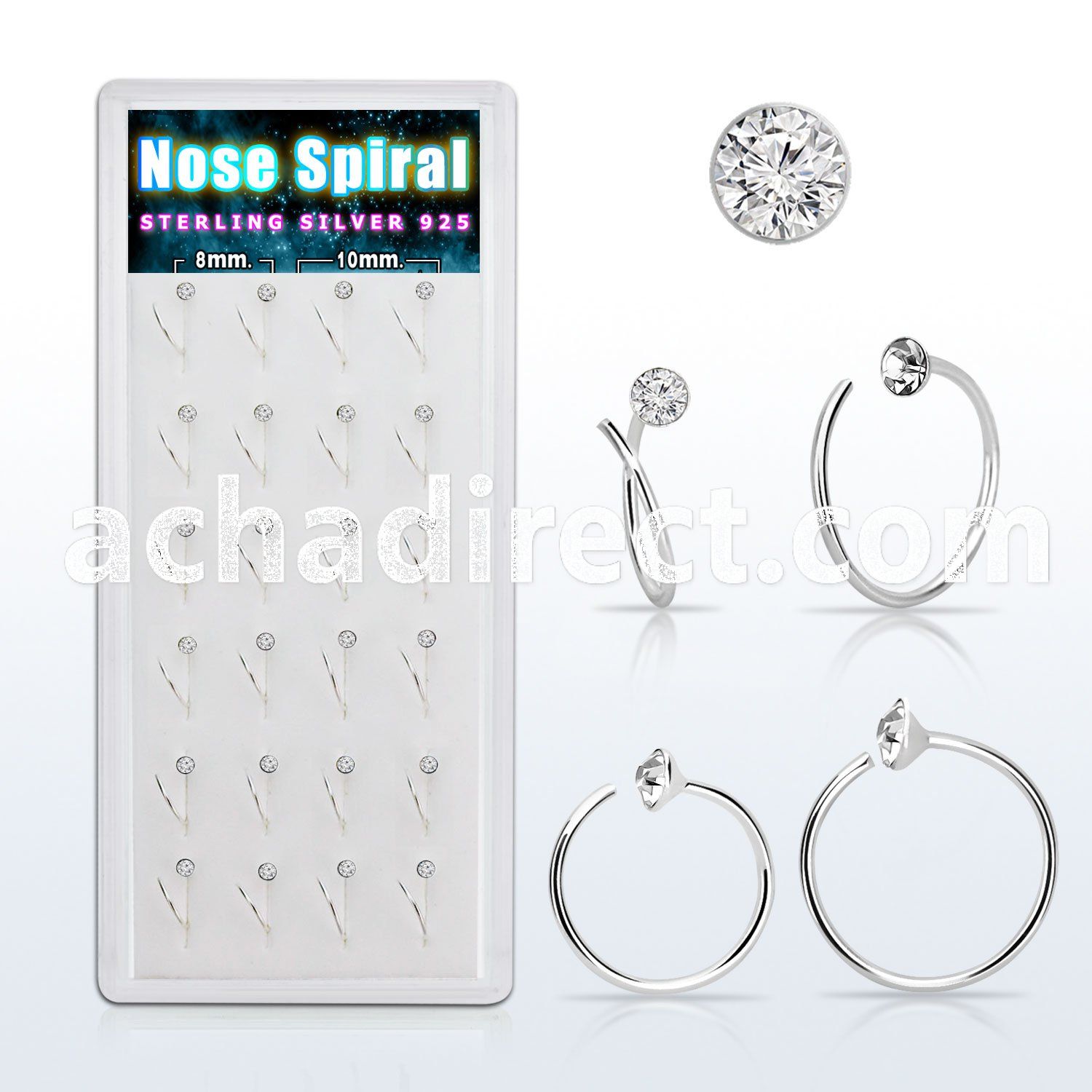 dnrc14 box w silver nose spirals w 2mm clear crystals tops
