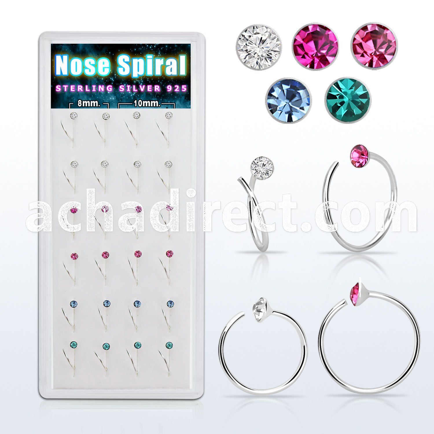 dnrm14 box w silver nose spirals w 2mm mixed crystals tops