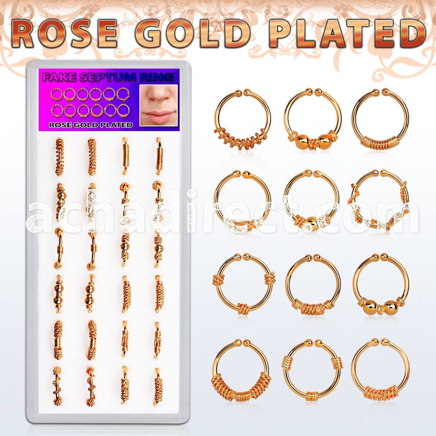 dnsm101 box w silver fake septum rings with rose gold plating 