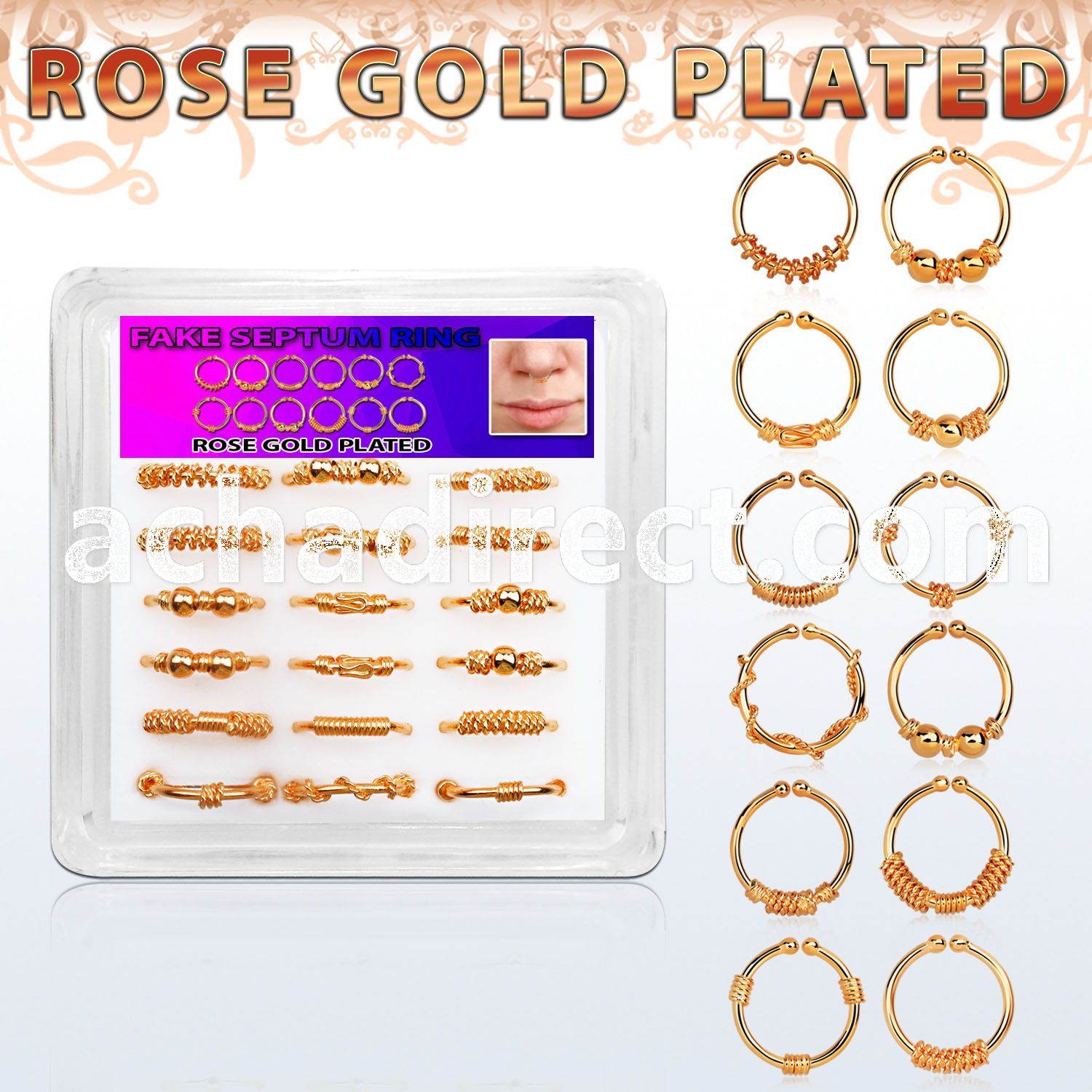 dnsm103 box w silver fake septum rings with rose gold plating 