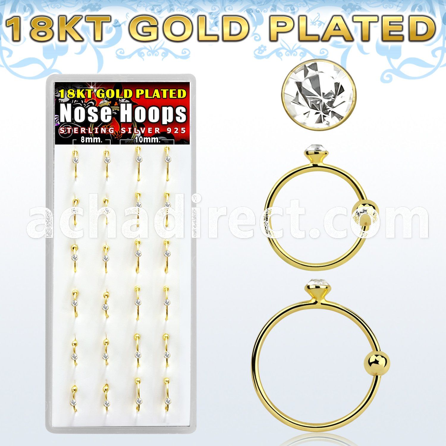dnsm108 box w gold plated 925 silver nose hoop w 1.5mm crystal