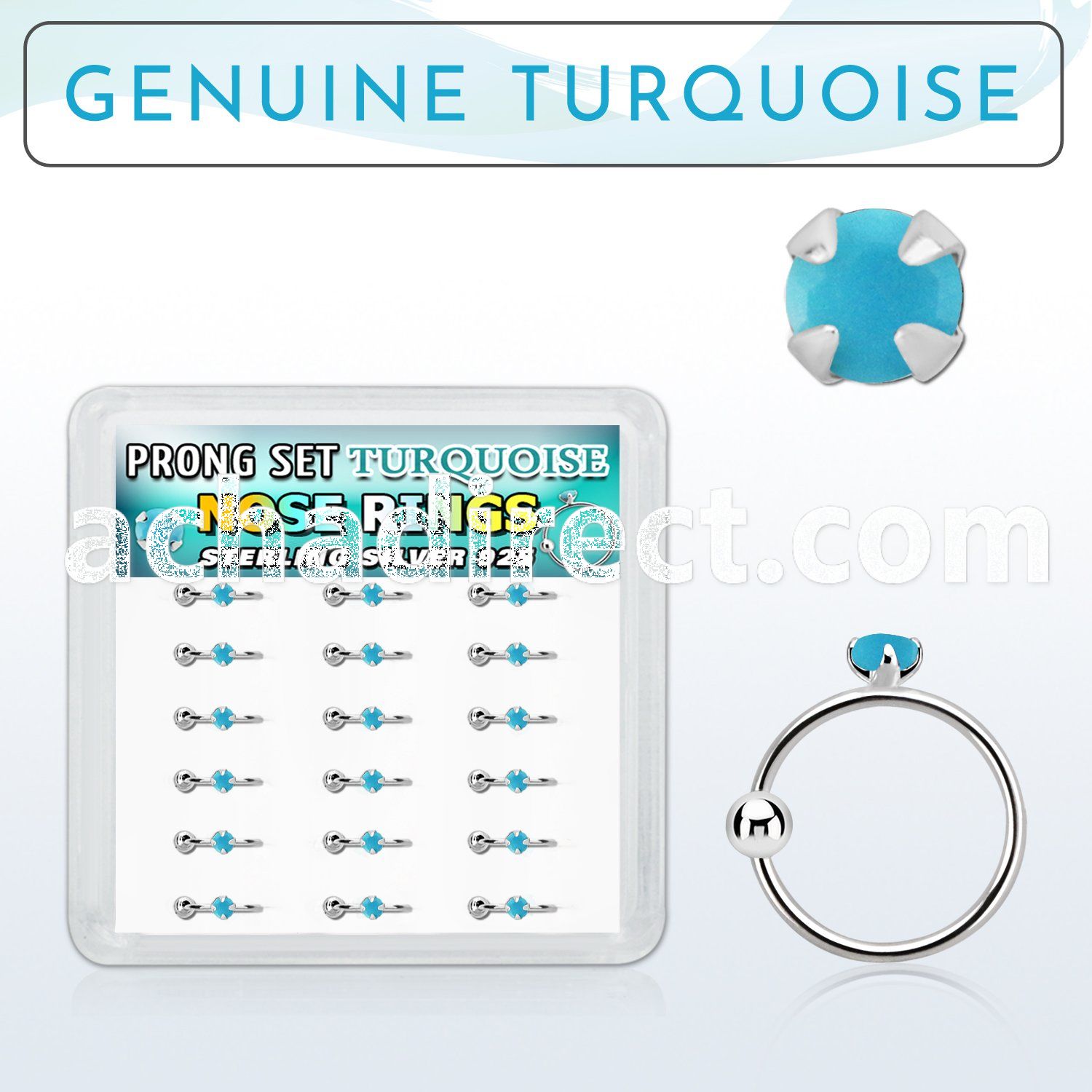 dnsm135 box w 18 silver noose hoop prong set turquoise stone 8mm