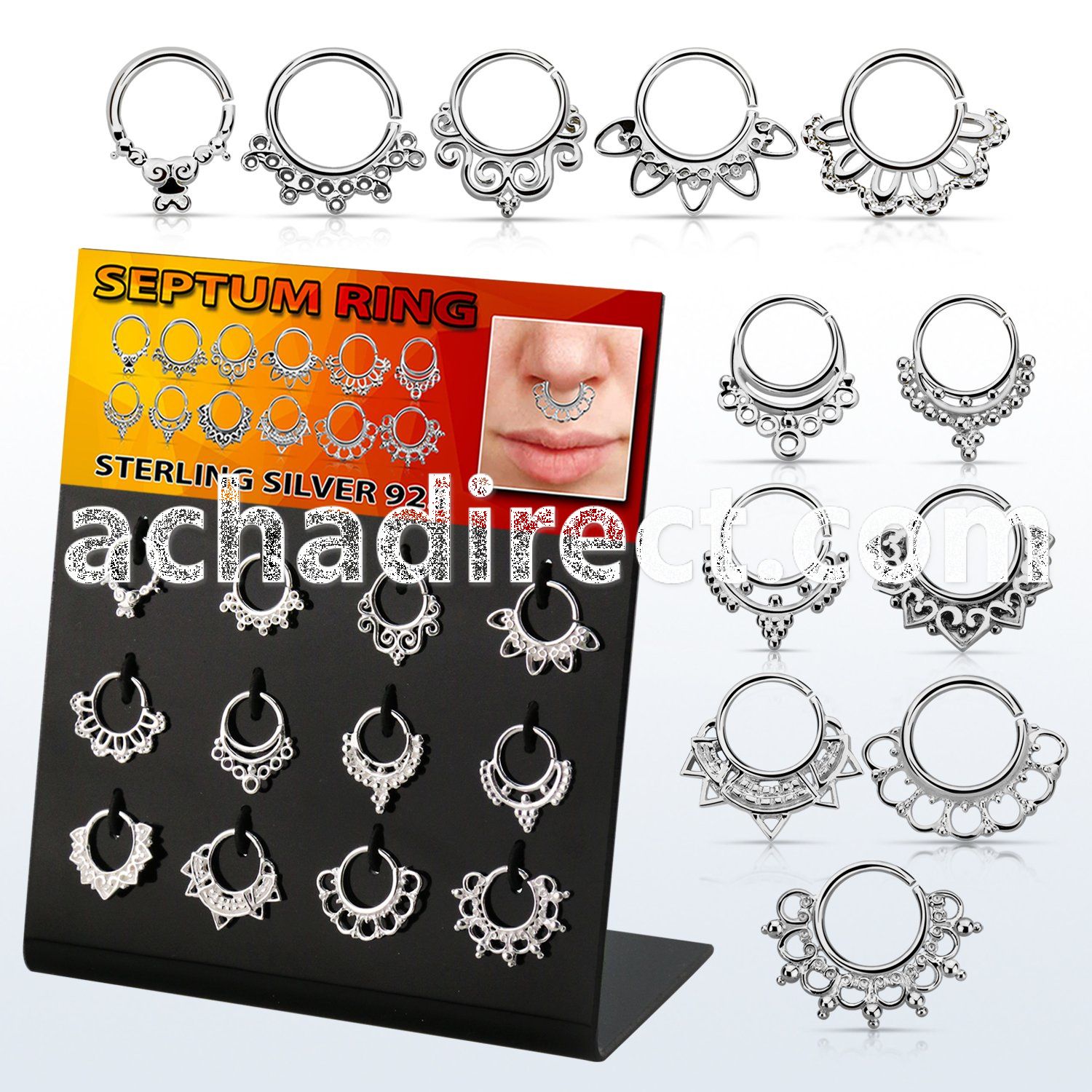 dnsm137 display w 12 pcs. of silver septum rings in mixed design