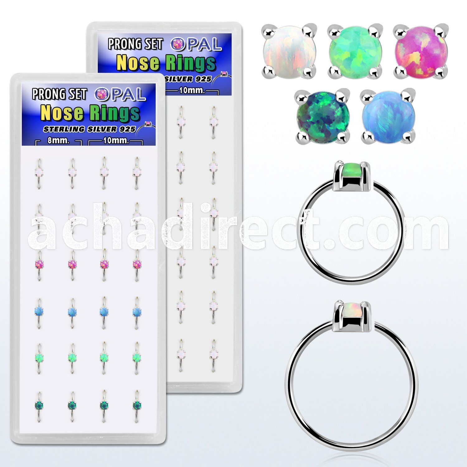 dnsm160 box w silver nose ring w prong set 2.5mm synthetic opals