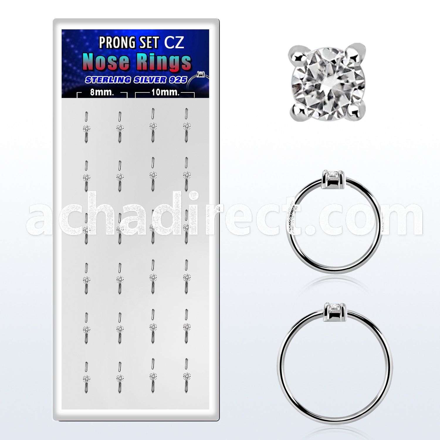 dnsm163 box w 24 silver nose rings w set 2mm clear cz tops