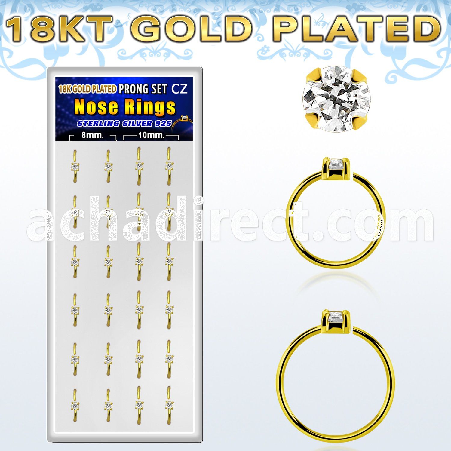 dnsm174 box 24 18k gold plated silver nose rings w 2mm cz top 