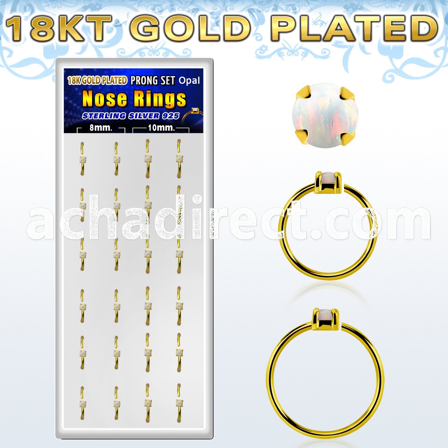 dnsm179 box 18k gold plated silver nose rings w 1.5mm opal top 