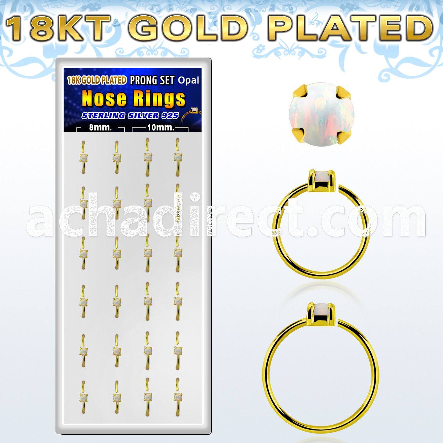 dnsm180 box 24 18k gold plated silver nose rings w 2mm opal top 