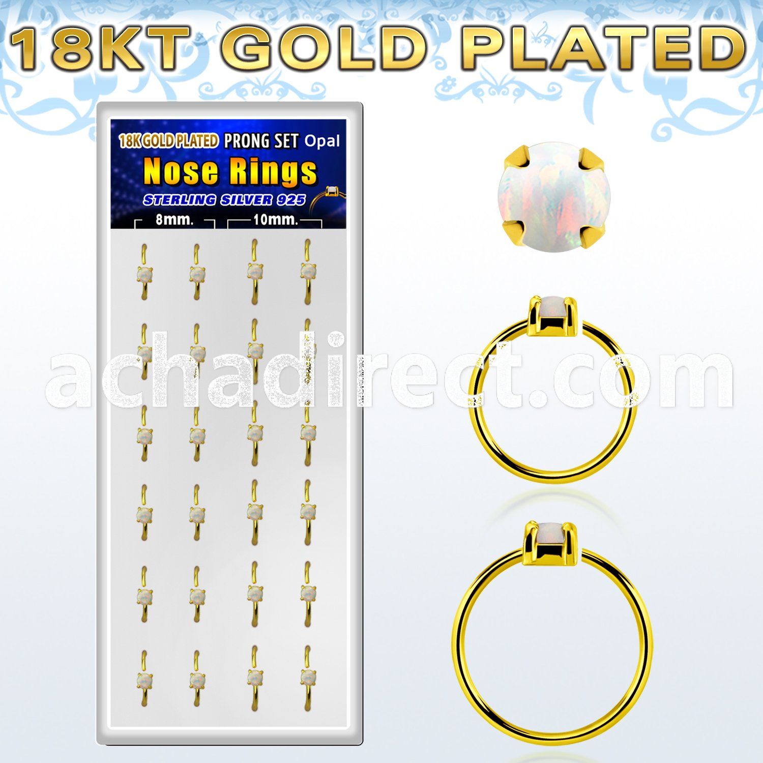 dnsm181 box 18k gold plated silver nose rings w 2.5mm opal top 