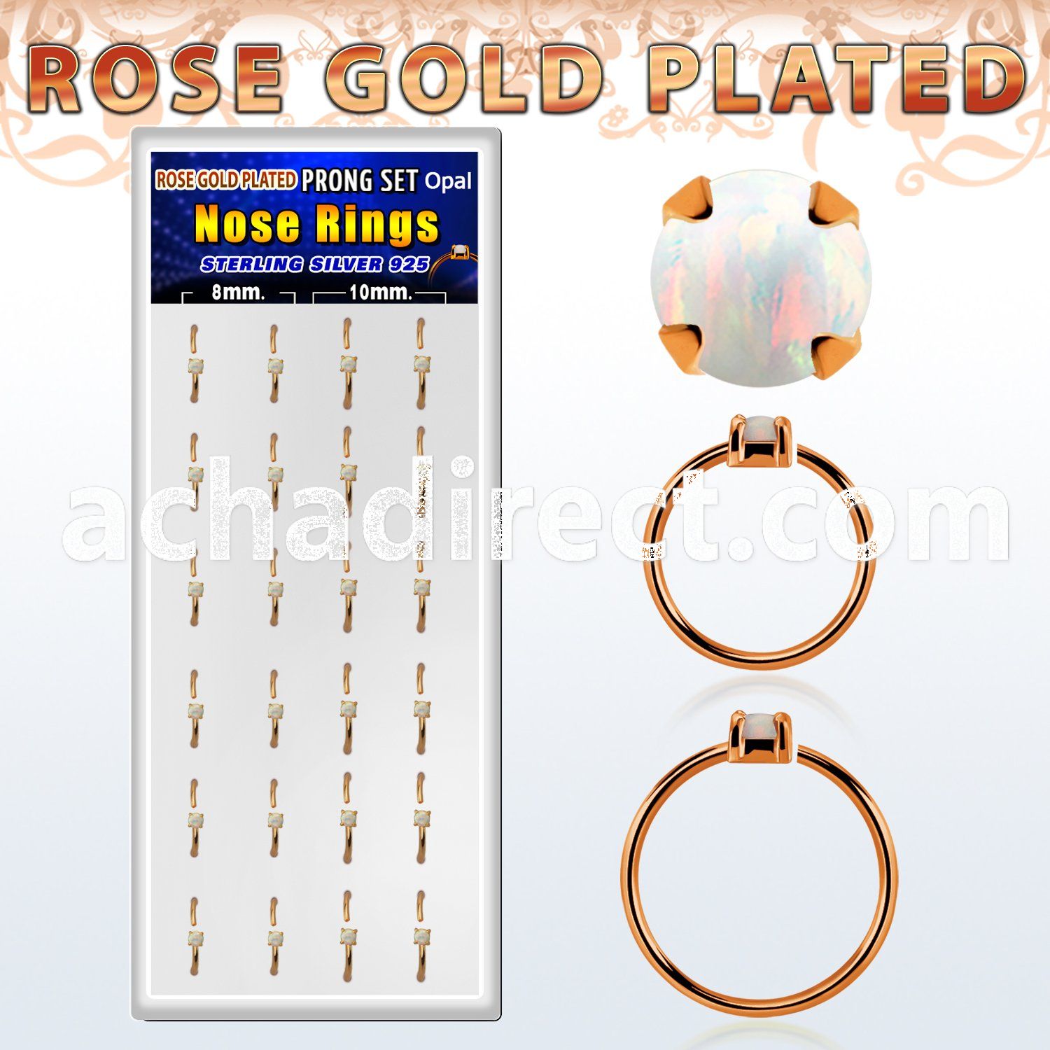 dnsm182 box 24 rose gold plated silver nose ring w 1.5mm opal