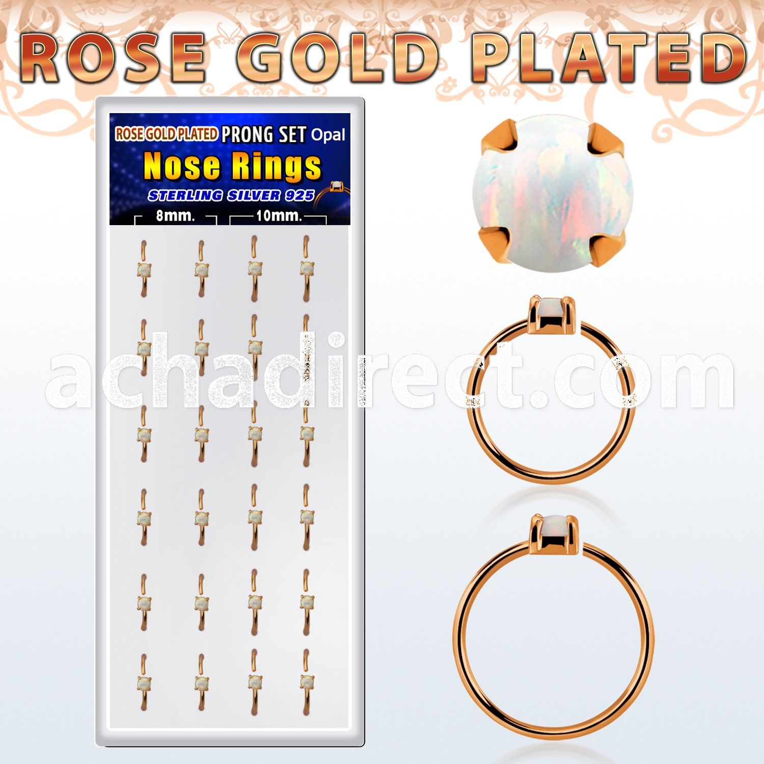 dnsm183 box 24 rose gold plated silver nose rings w 2mm opal top
