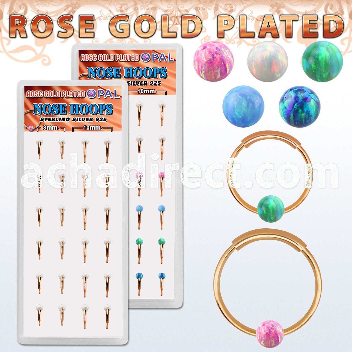 dnsm193 box w rose gold silver endless nose hoop w 3mm opal ball