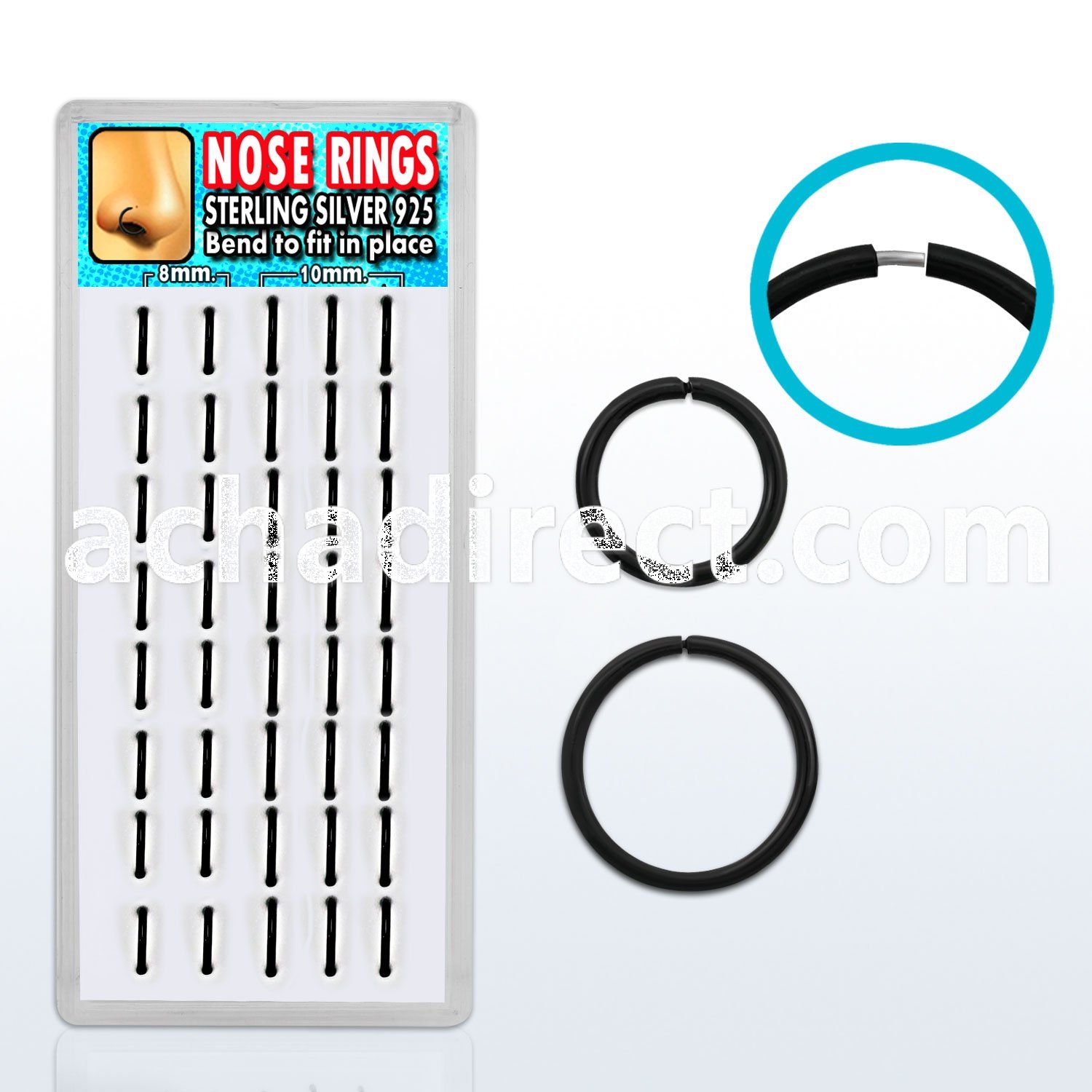 dnsm20 box of black silver seamless nose hoops w diameter 8 10