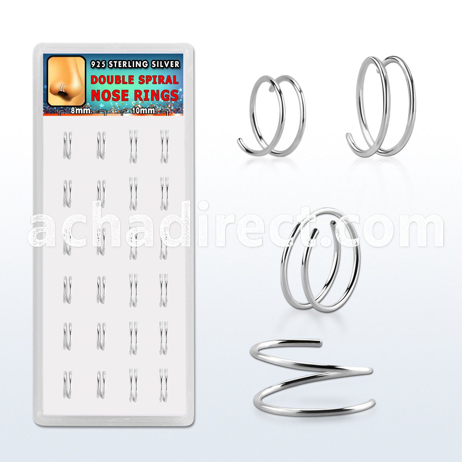 dnsm228 box w 24 pcs. of sterling silver spiral nose rings, 22g