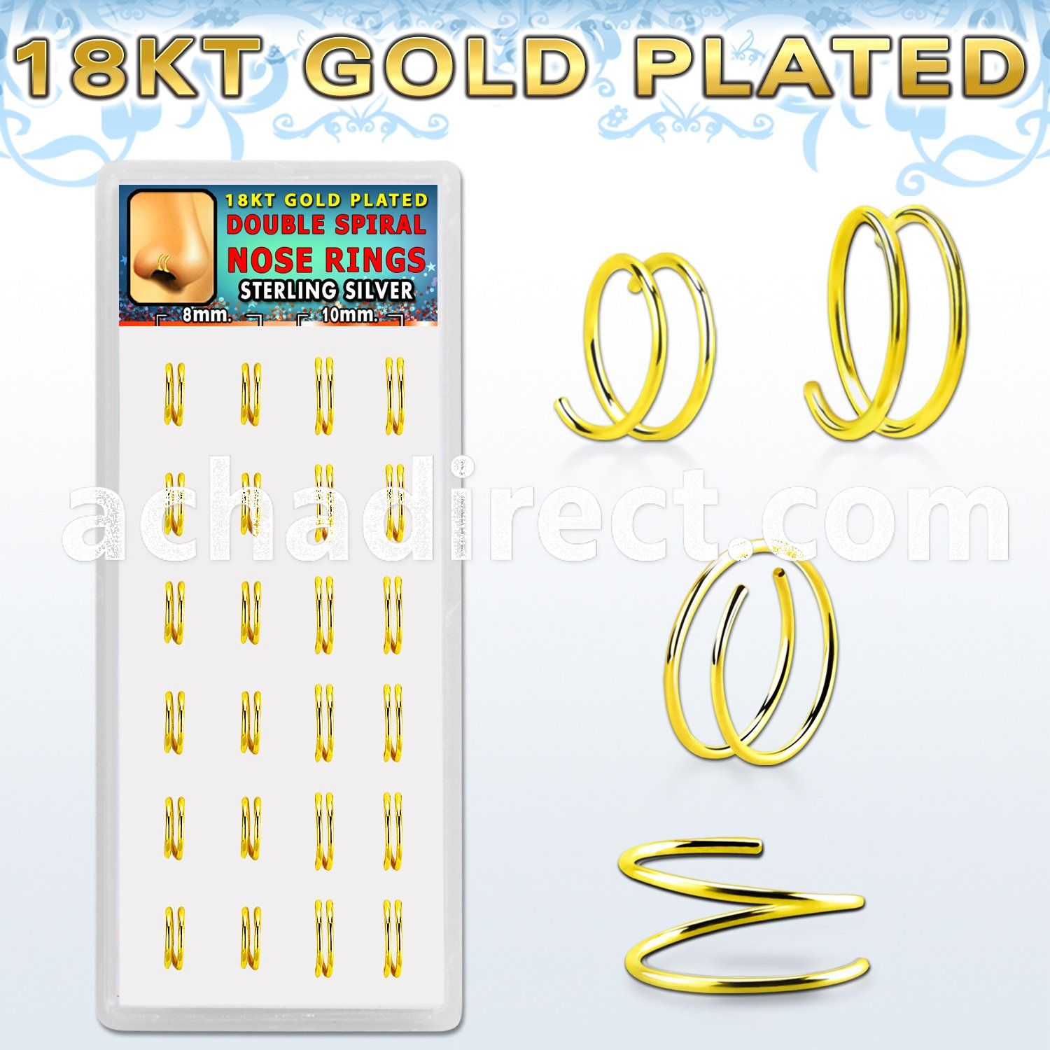 dnsm229 box w 24 pcs. gold plated silver spiral nose ring 22g