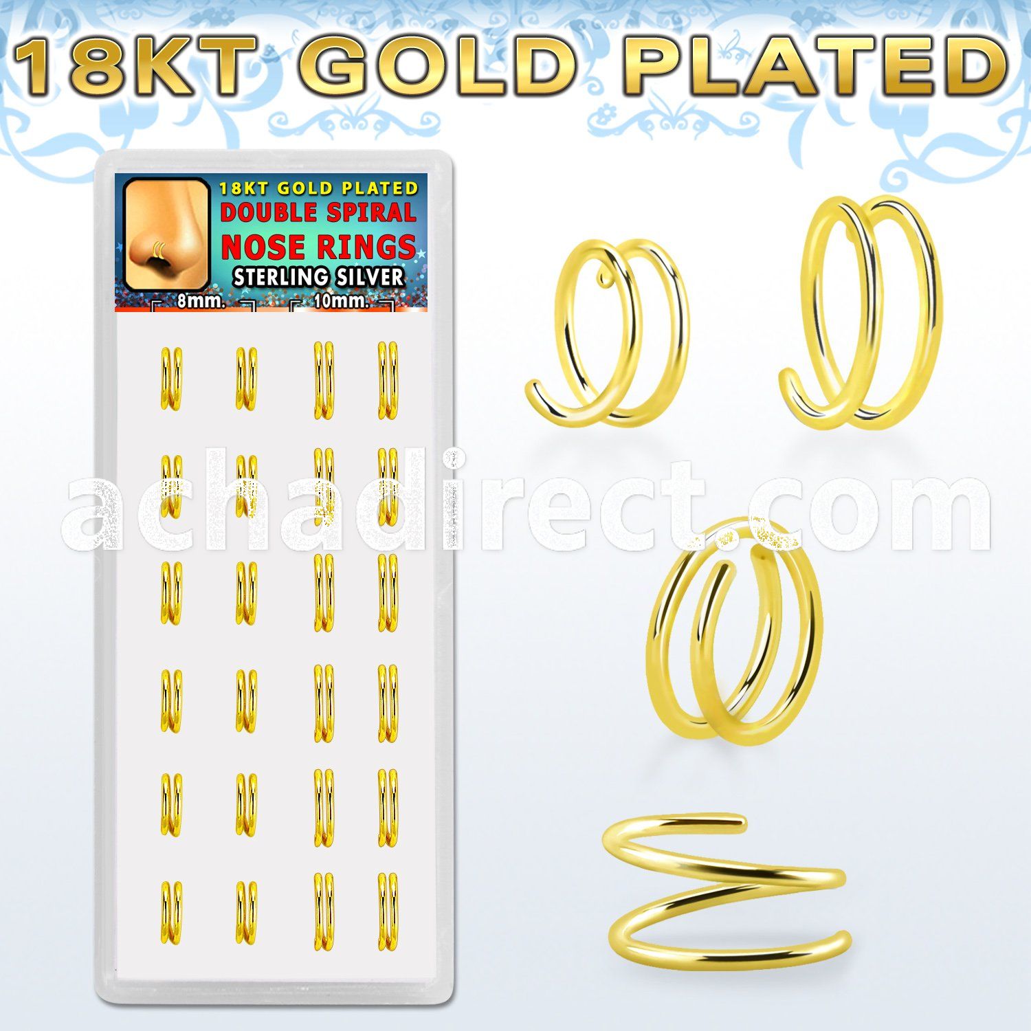 dnsm232 box w silver spiral nose rings, 22g w gold plating