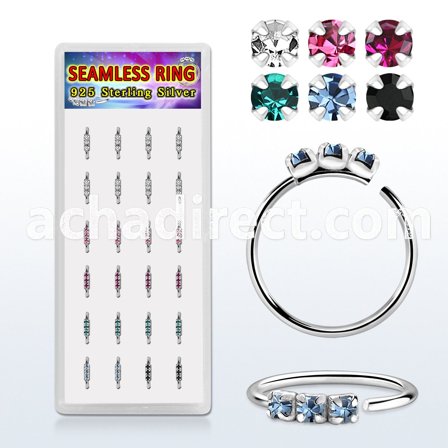 dnsm266 925 silver seamless nose rings 1.5mm prong set color crystals