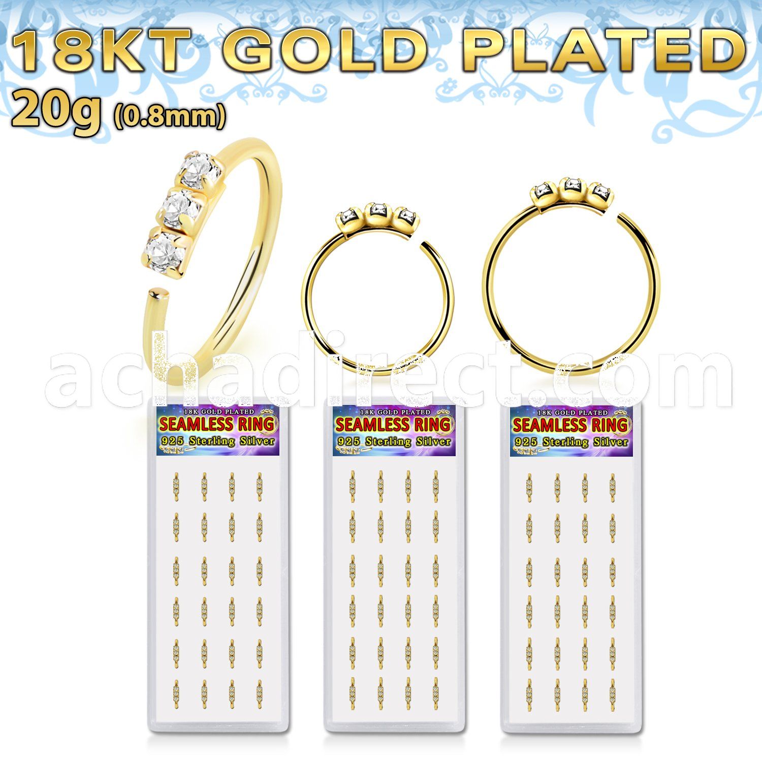 dnsm267 18k gold plated 925 silver seamless nose rings 1.5mm prong set clear crystals