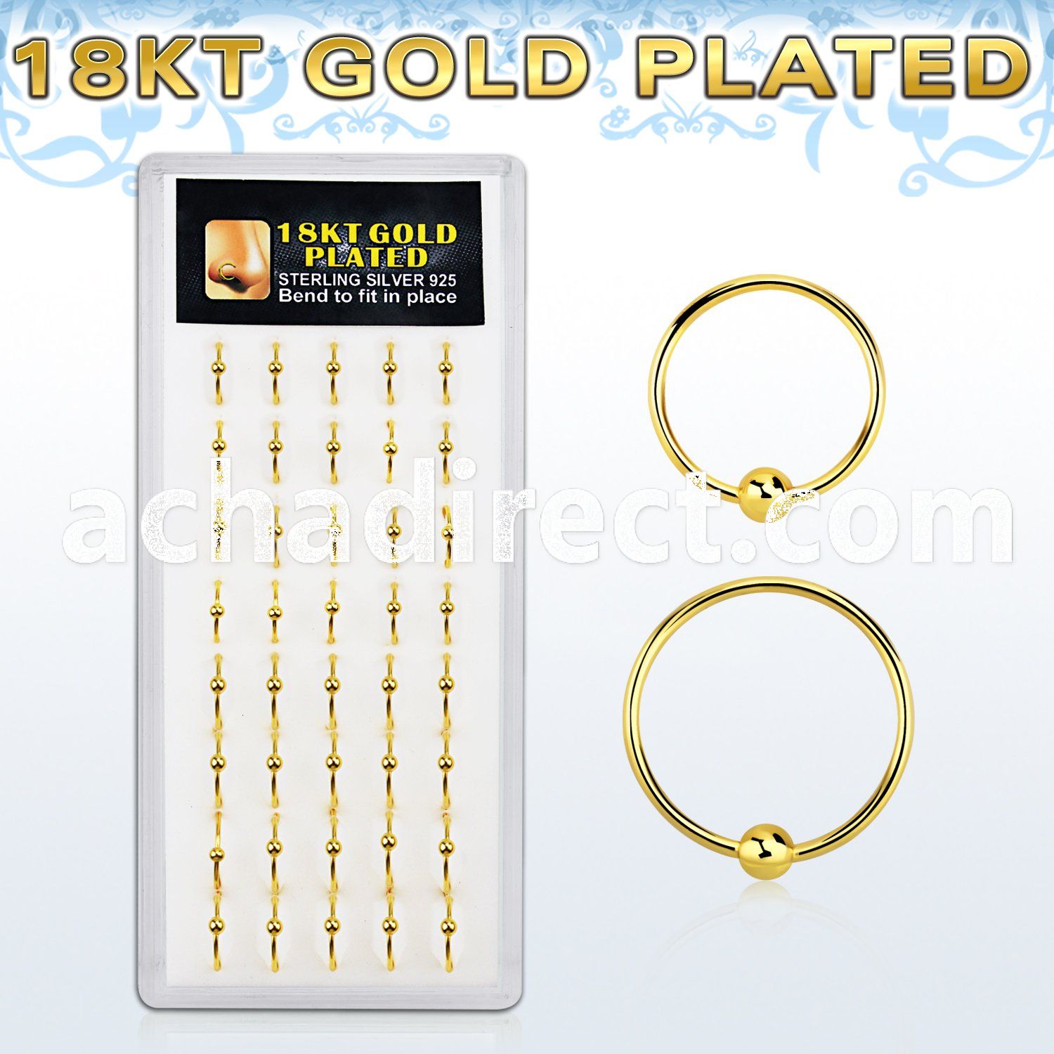 dnsm28 box w 18k gold plated silver nose hoops w a single ball