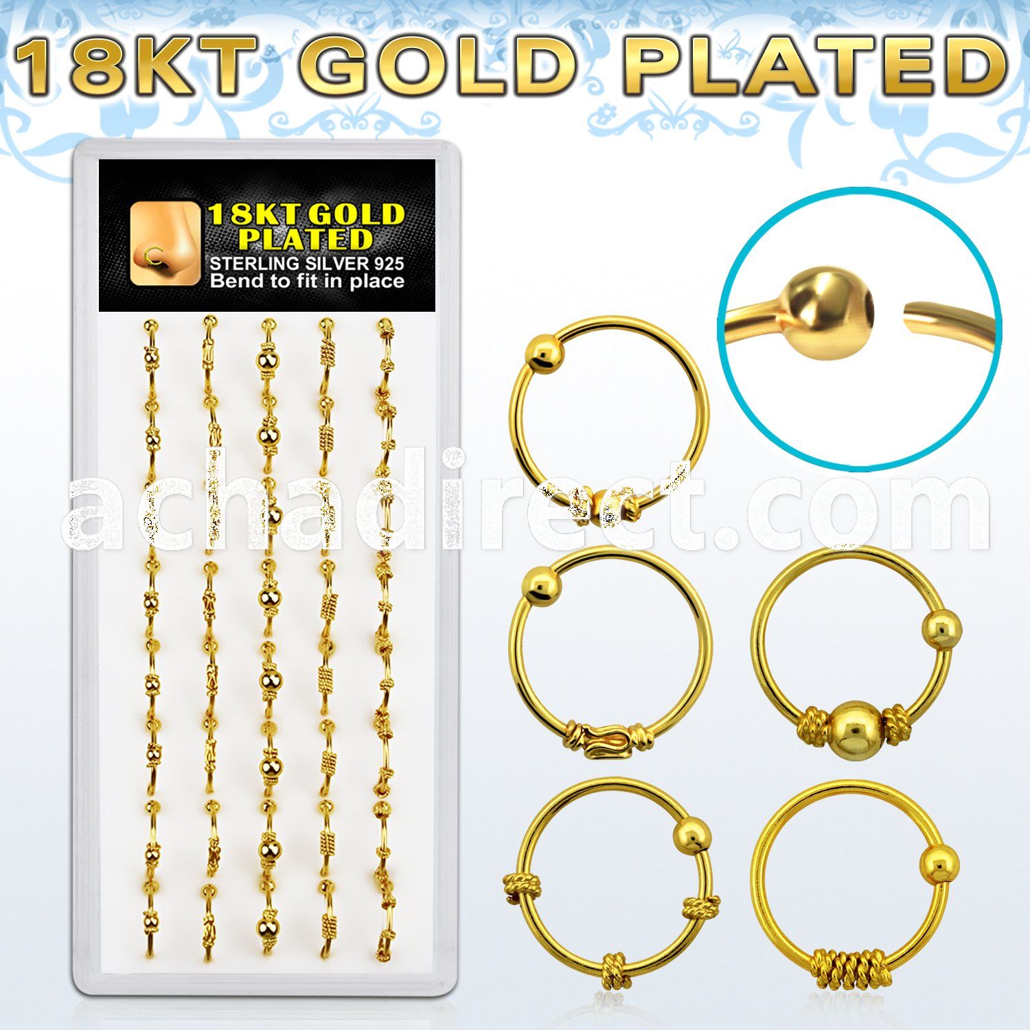 dnsm43 box w gold plated balinese wire design silver nose hoop