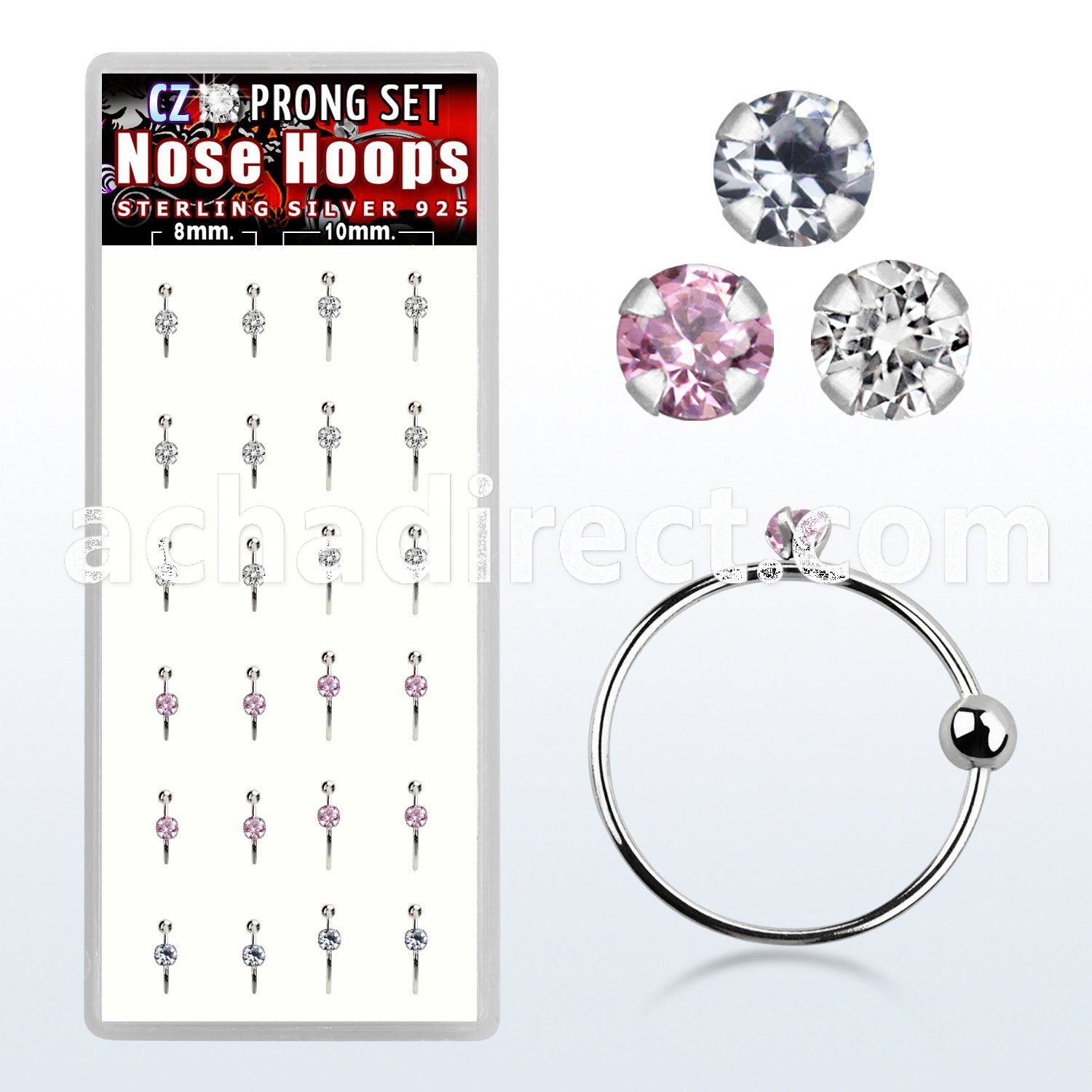 dnsm47 box w silver noose hoops w a 2mm prong set round cz top