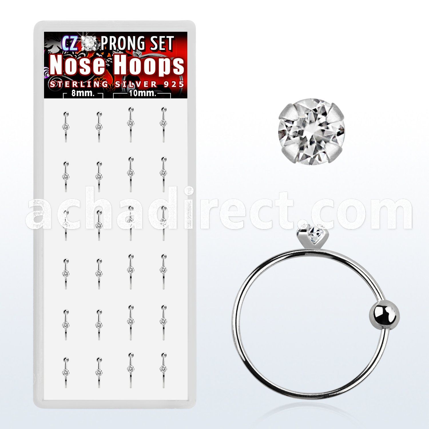 dnsm49 box w silver noose hoops w a 2mm prong set clear cz top