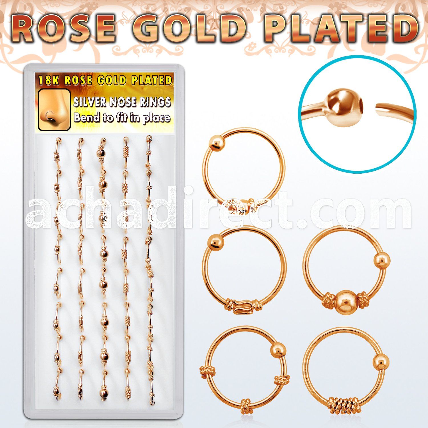 dnsm72 box w rose gold plated silver nose hoops w balinese wire