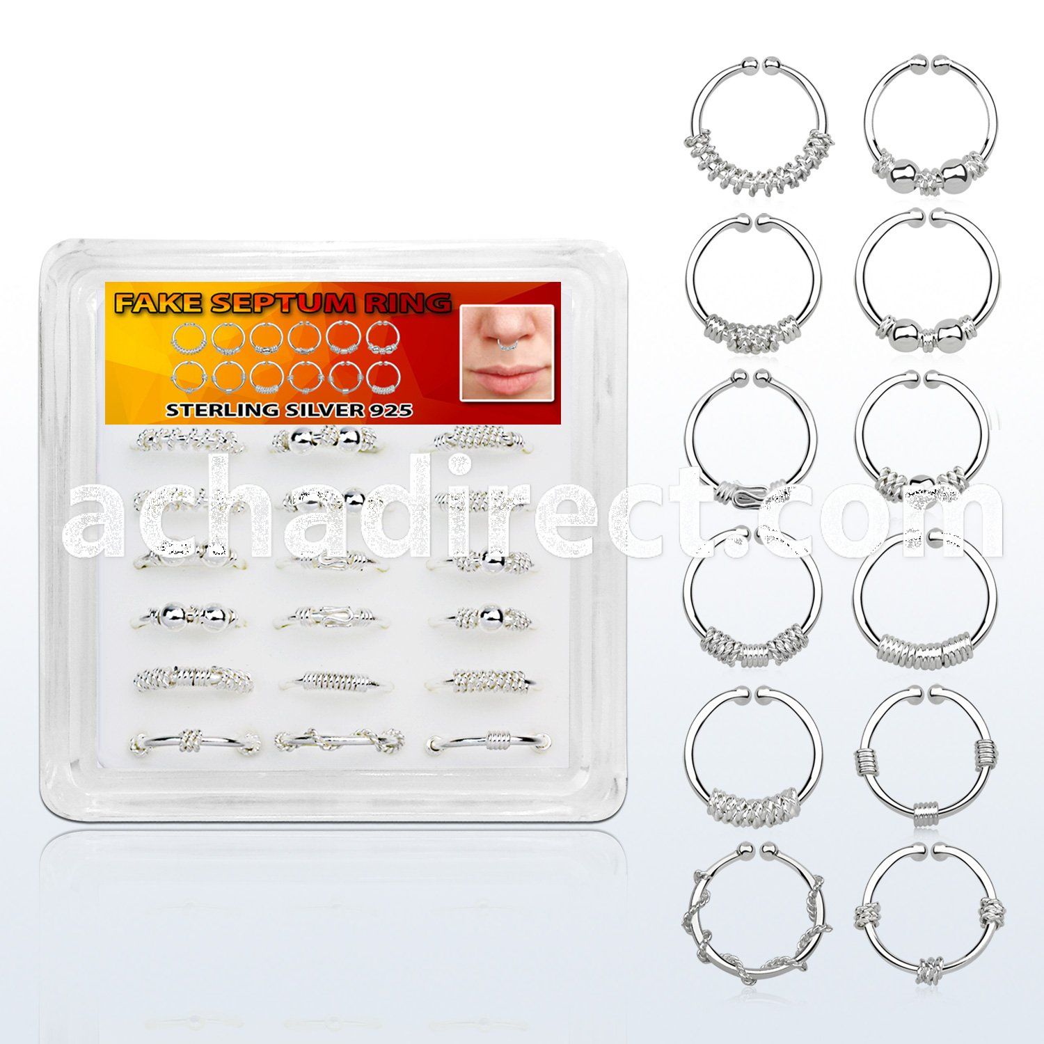 dnsm90 box w 18 pcs. of assorted silver fake septum rings