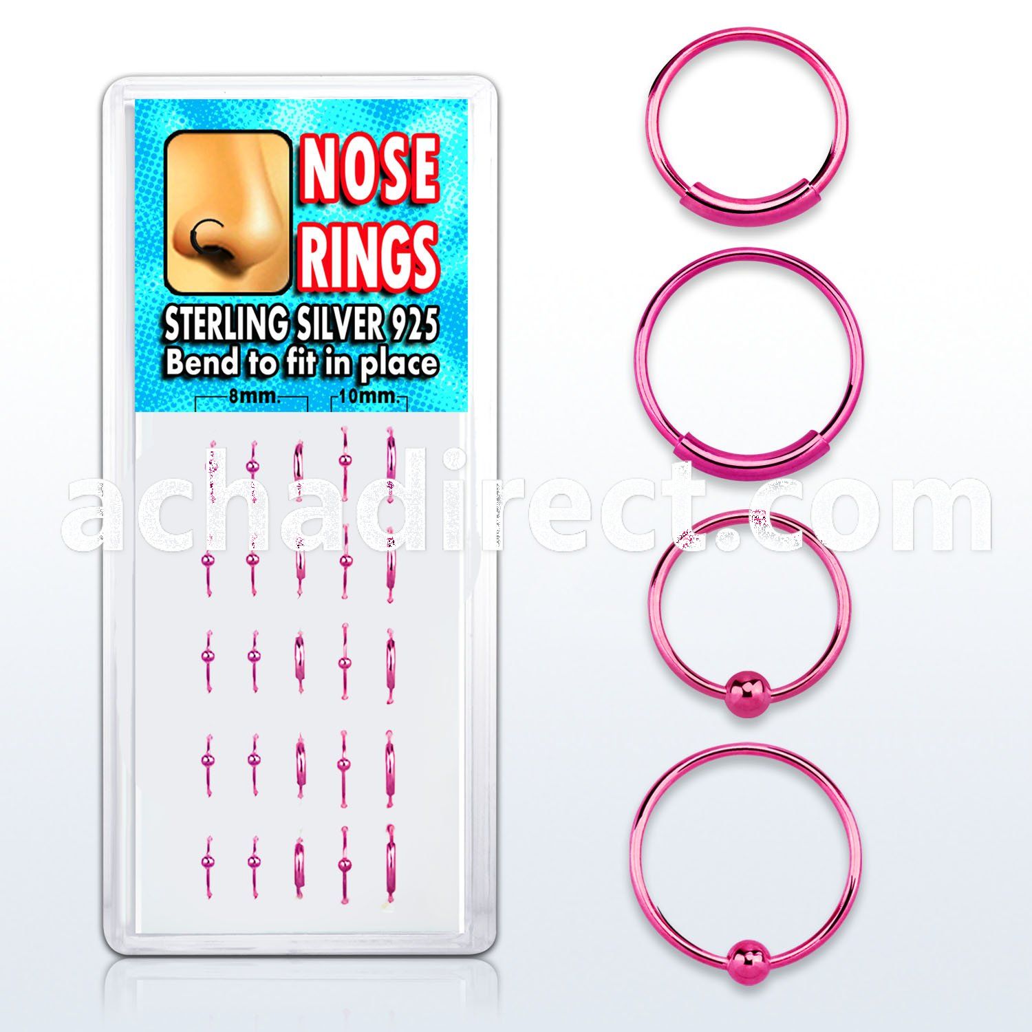 dnsp2 box of pink silver nose hoops with ball endless hoops