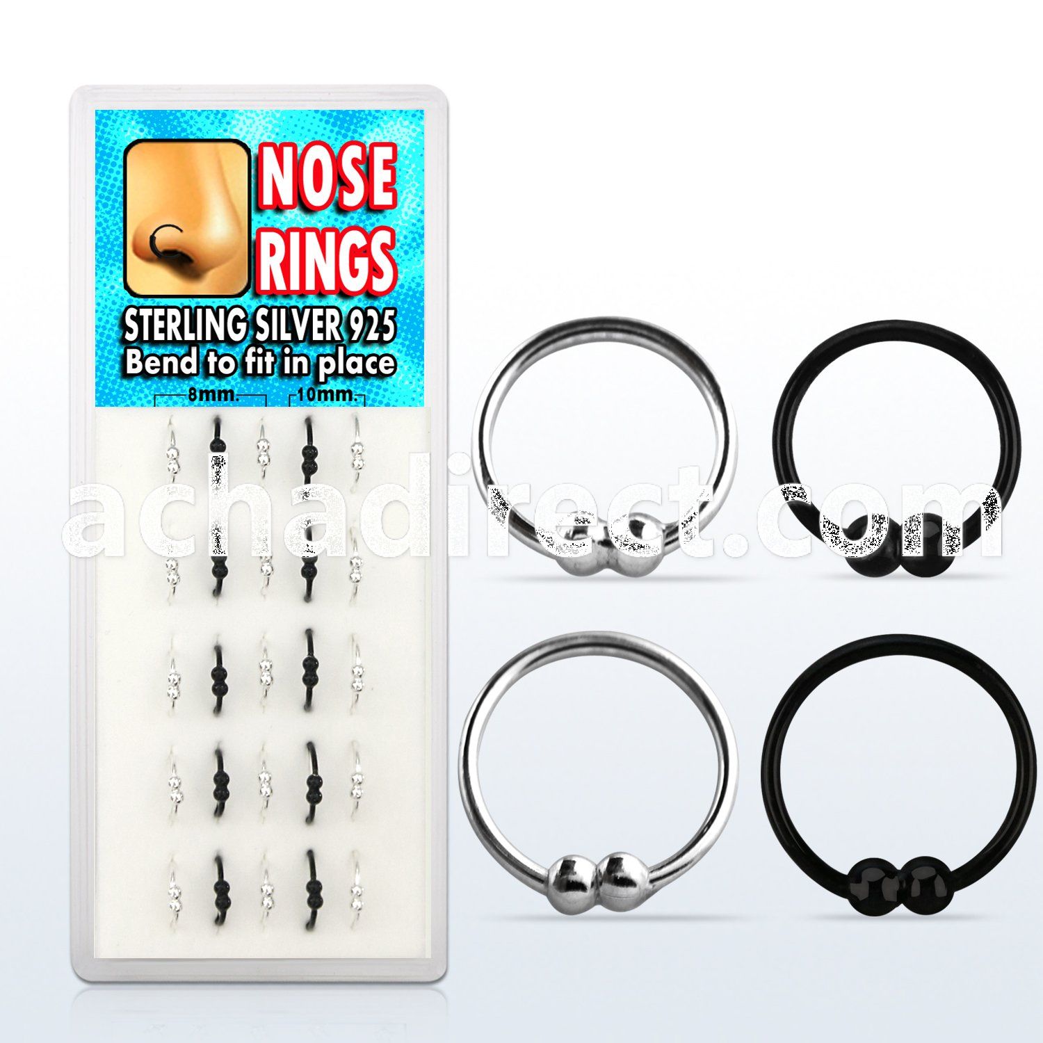 dnsp6 box of silver hoop nose rings with double 2mm balls